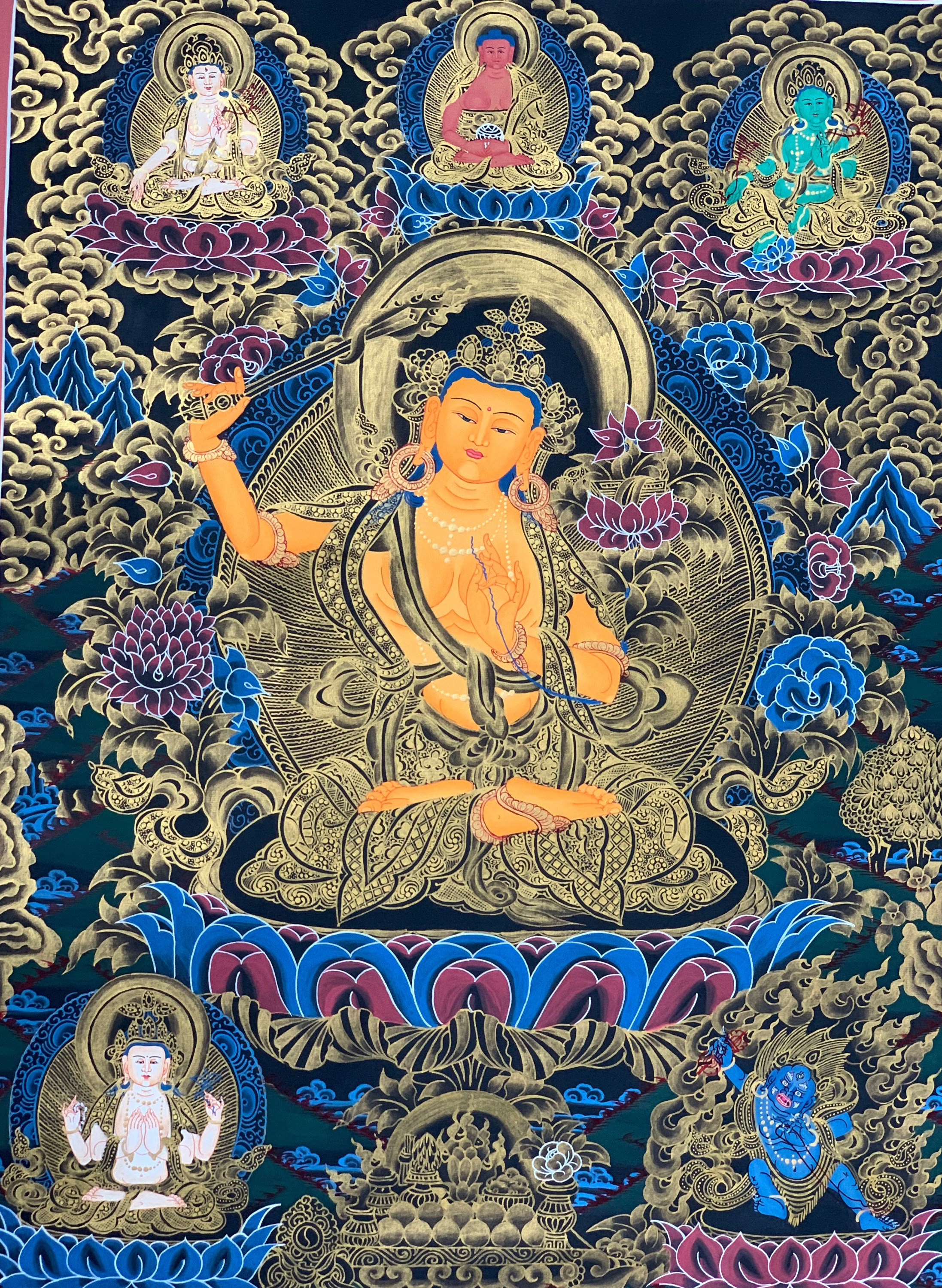 Hand-painted Manjusri, Manjushree, God of Wisdom Thangka, Art on Canvas, 17 x 24-Inch