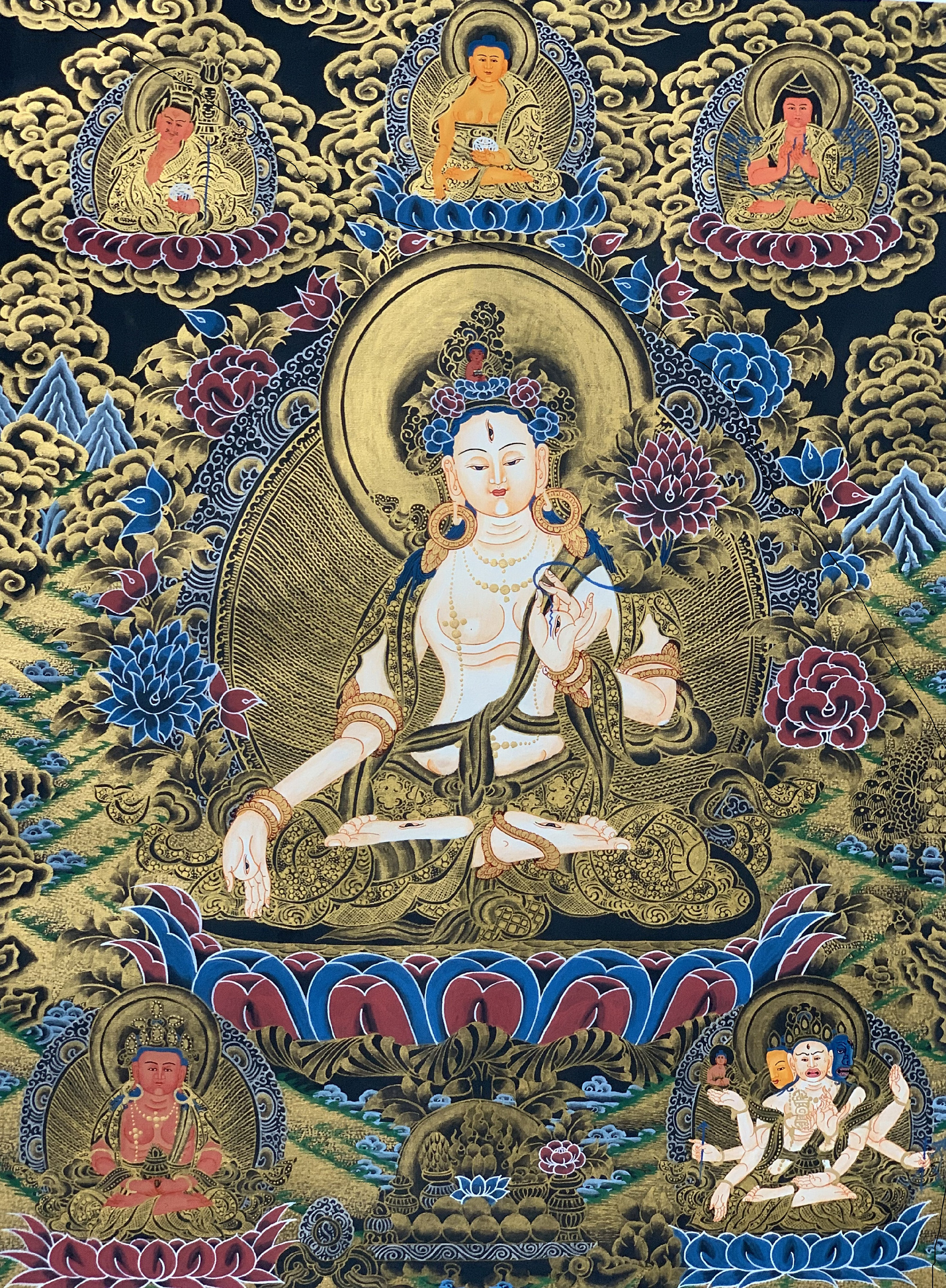Hand-Painted White Tara Tibetan Thangka Painting, Art on Canvas