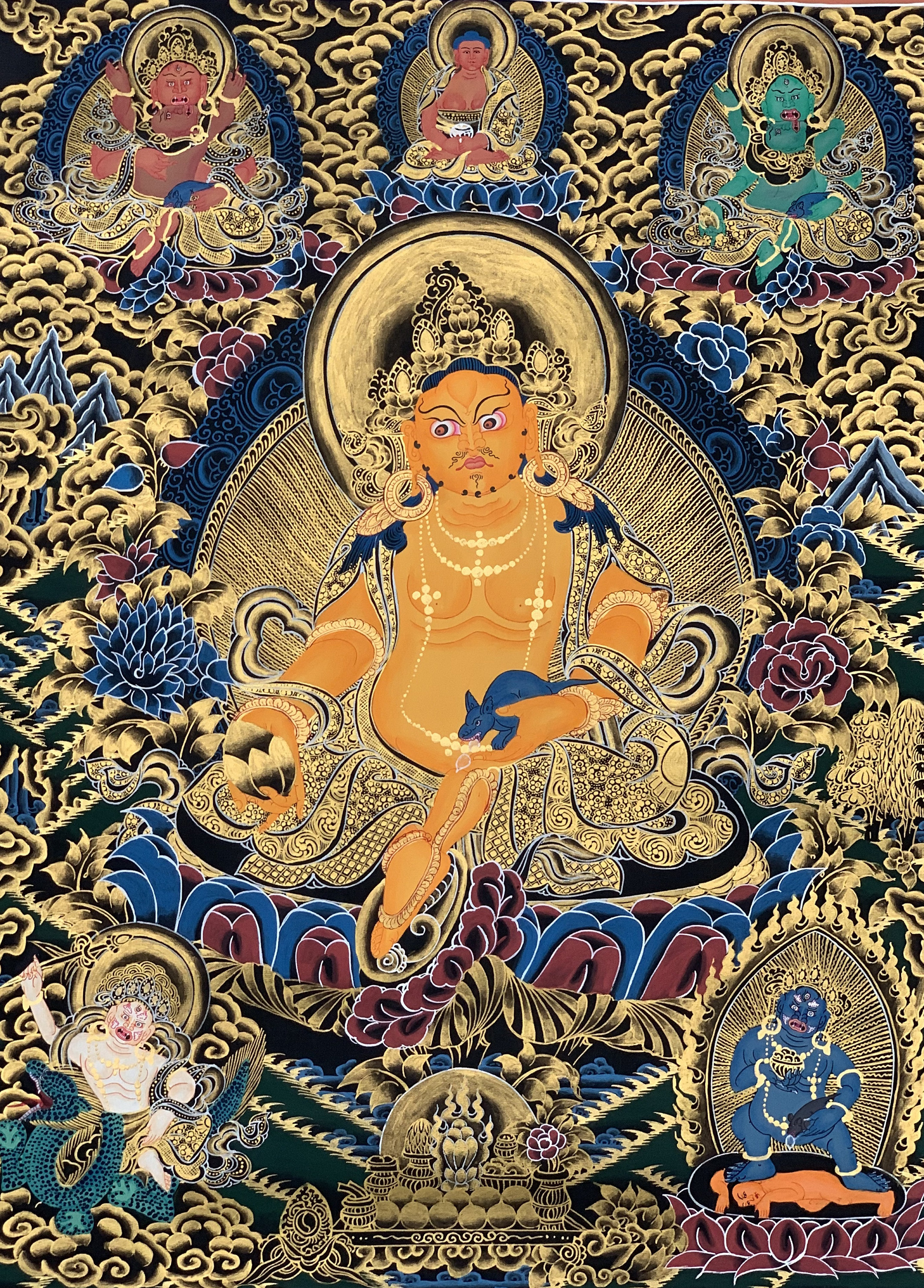 Hand-Painted Kubera Jambala God of Prosperity Thangka Art on Canvas, 17 x 24 Inches