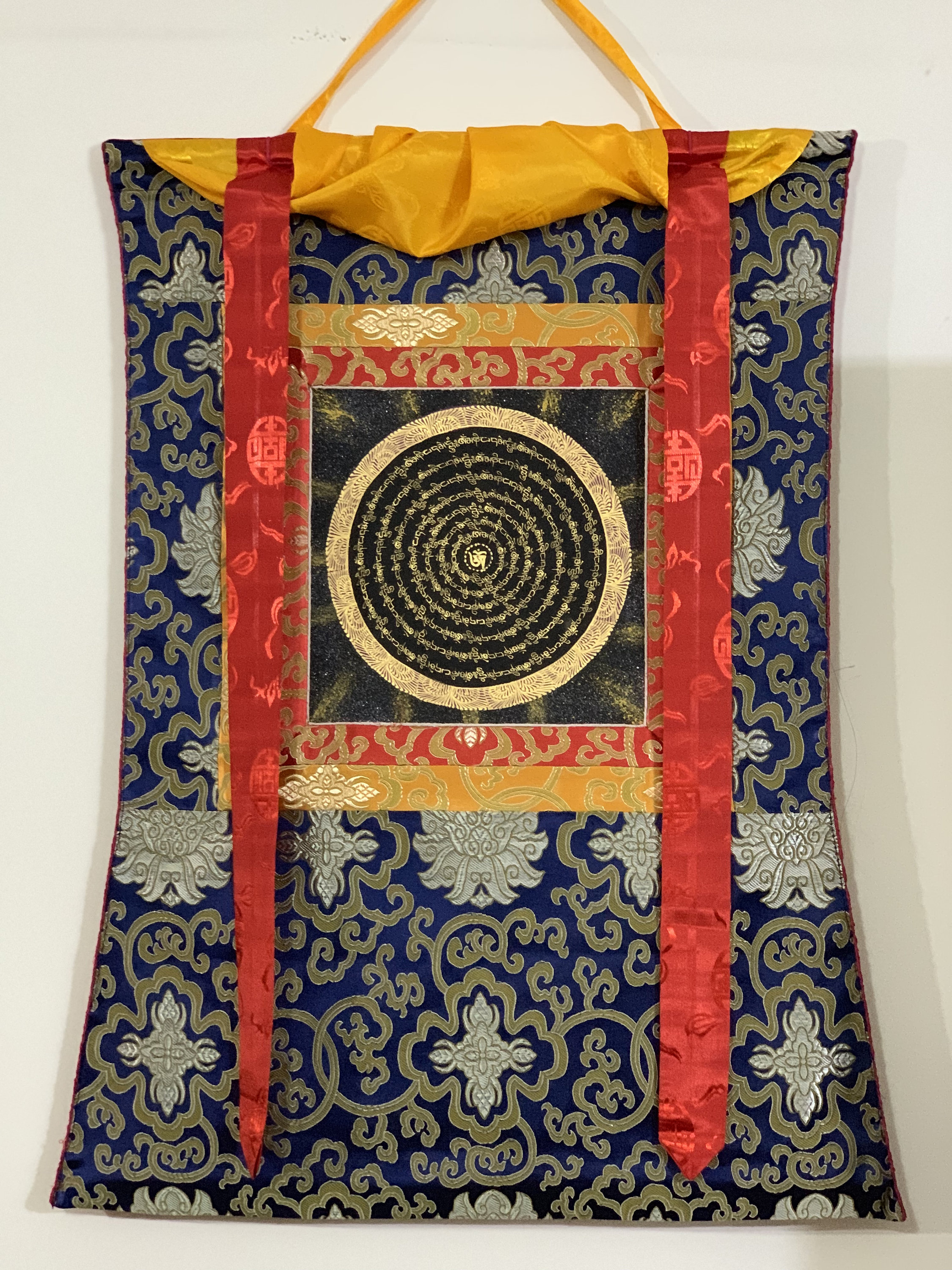 Hand-Painted Mantra Mandala Tibetan Thangka Art in Silk Brocade
