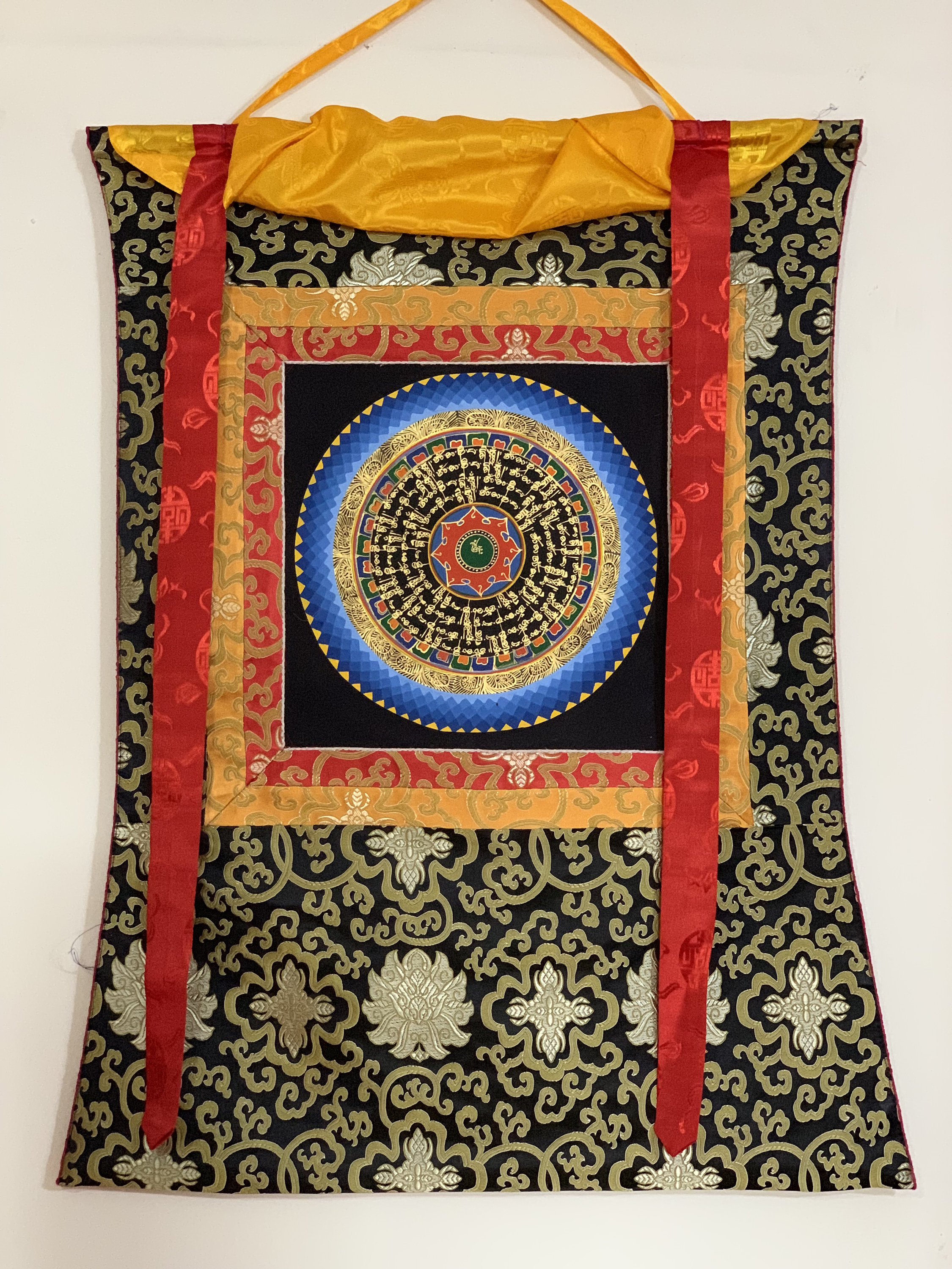 Hand-Painted Om Mantra Mandala Thangka Art with Silk Brocade
