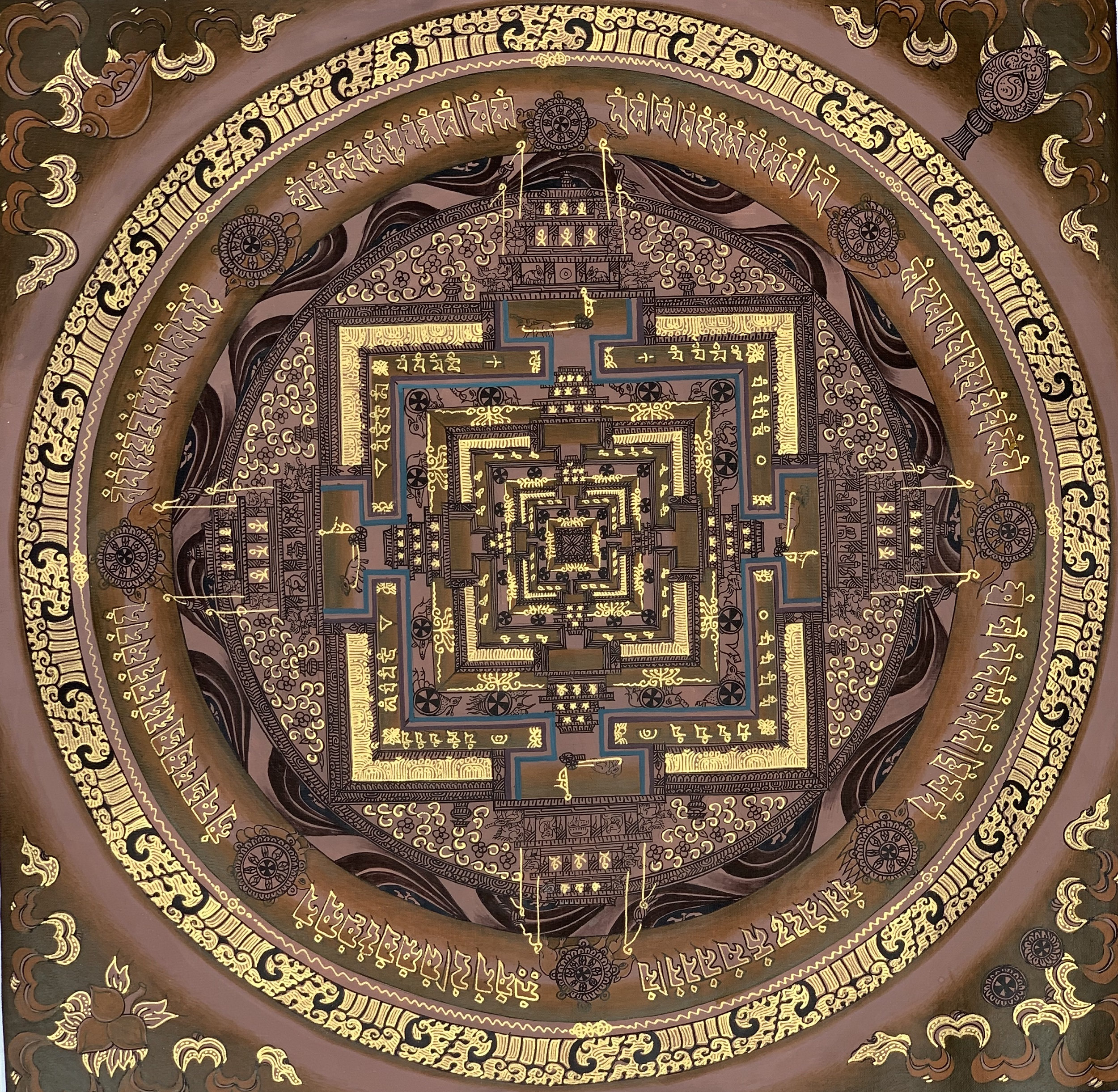 Hand-Painted Kalachakra Mandala Tibetan Thangka Art on Canvas, 12 x 12 Inches