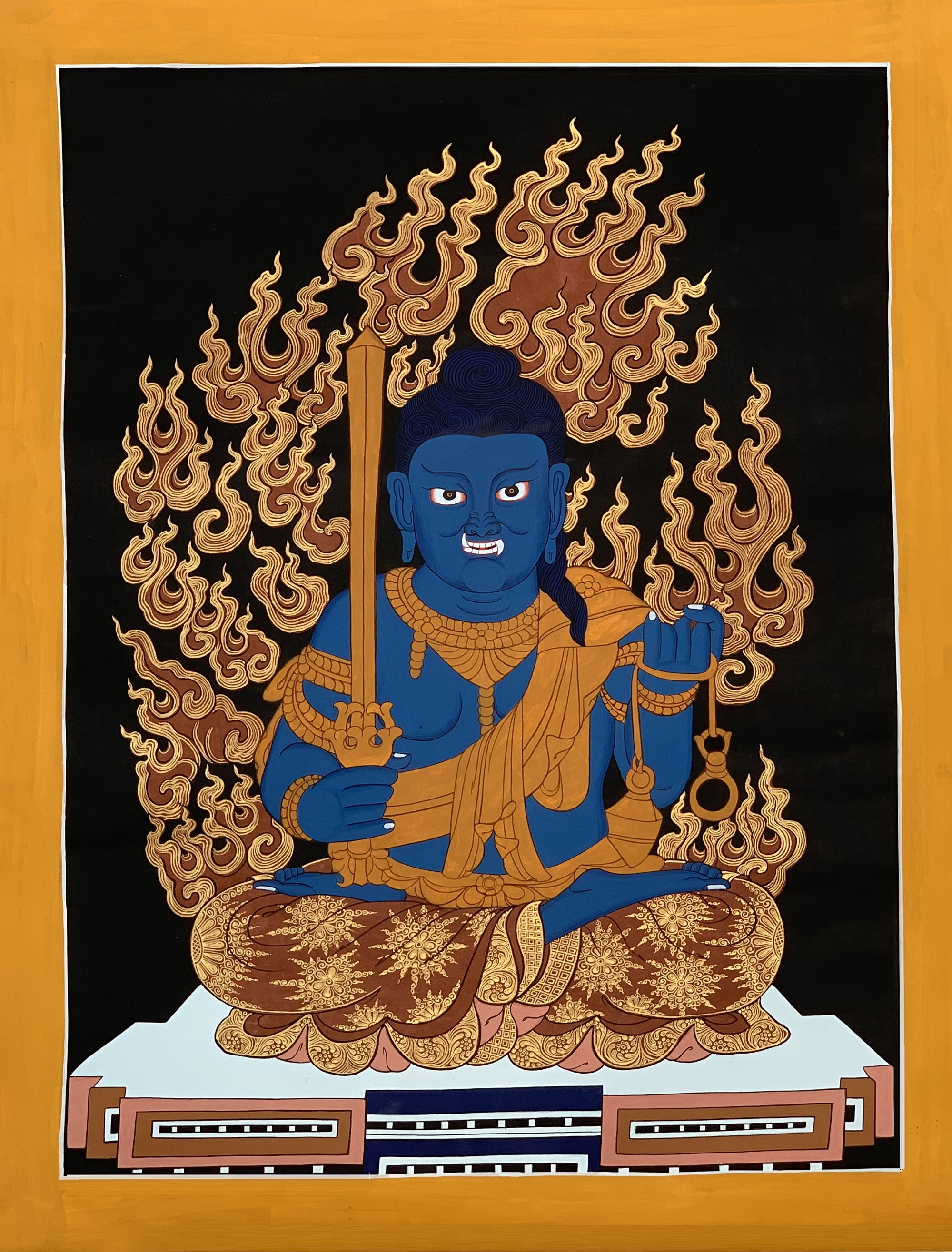 Hand-Painted Fudo-Myo-o Acala Mantra King Wisdom King Thangka Art on Canvas, 17 x 24 Inches