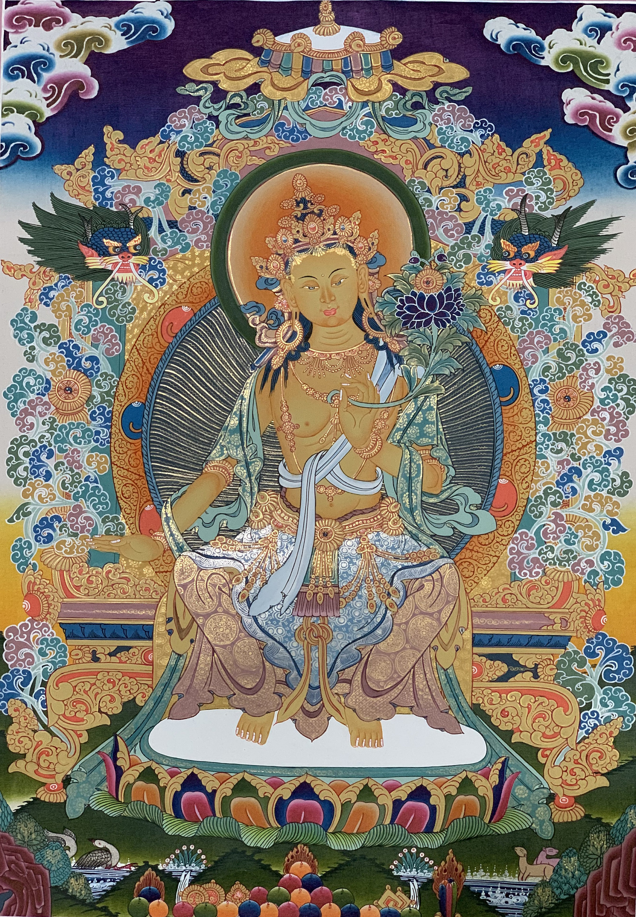Hand-Painted Maitreya Buddha Gold Thangka Finest Art on Canvas 15 x 20 Inches