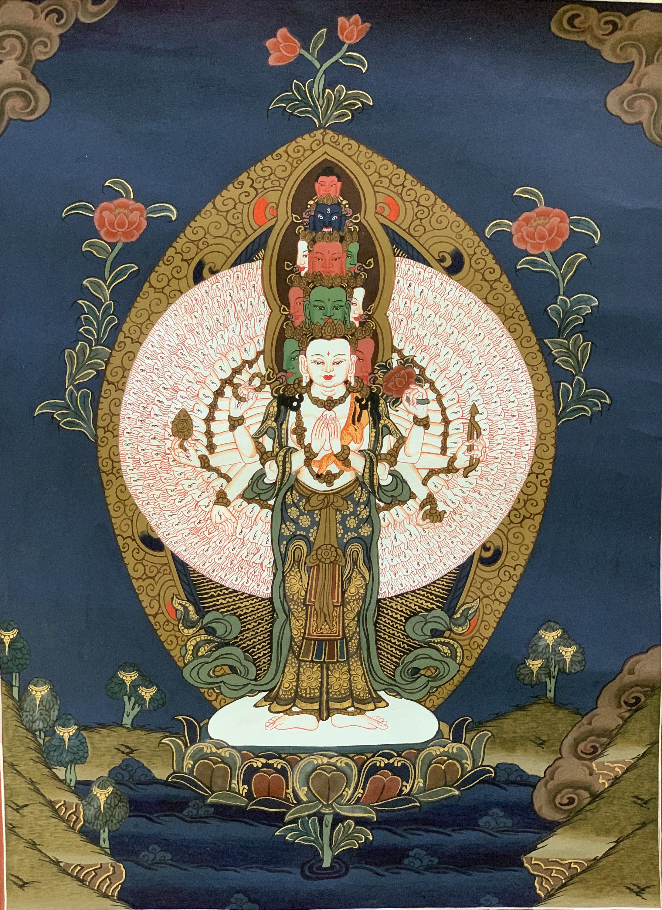 Hand-Painted 8 Armed Lokeswor Tibetan Thangka, Art on Canvas 13 x 17 Inches