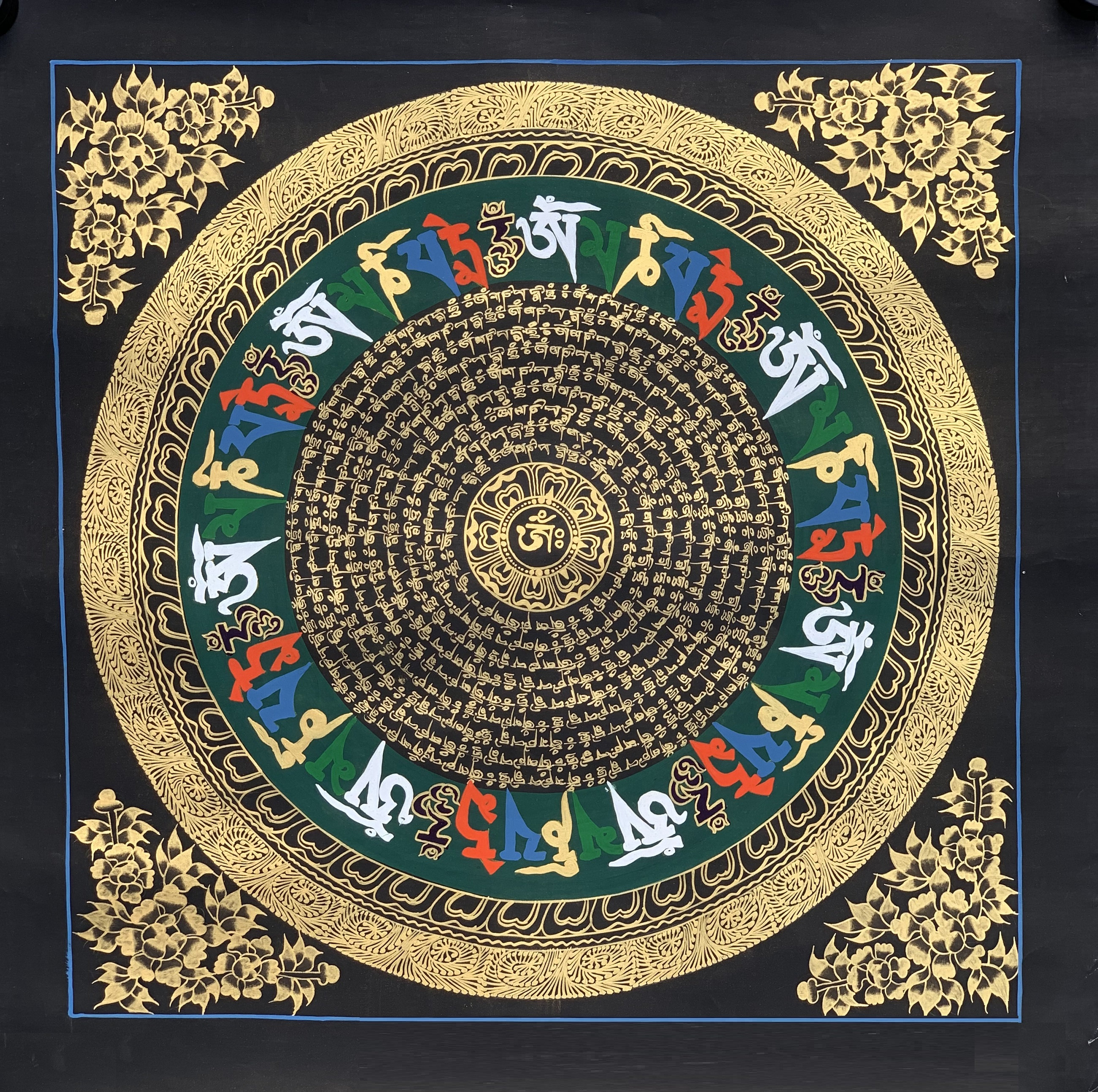 Hand-Painted Mantra Mandala Tibetan Thangka Painting Art on Canvas 20 x 20 Inches
