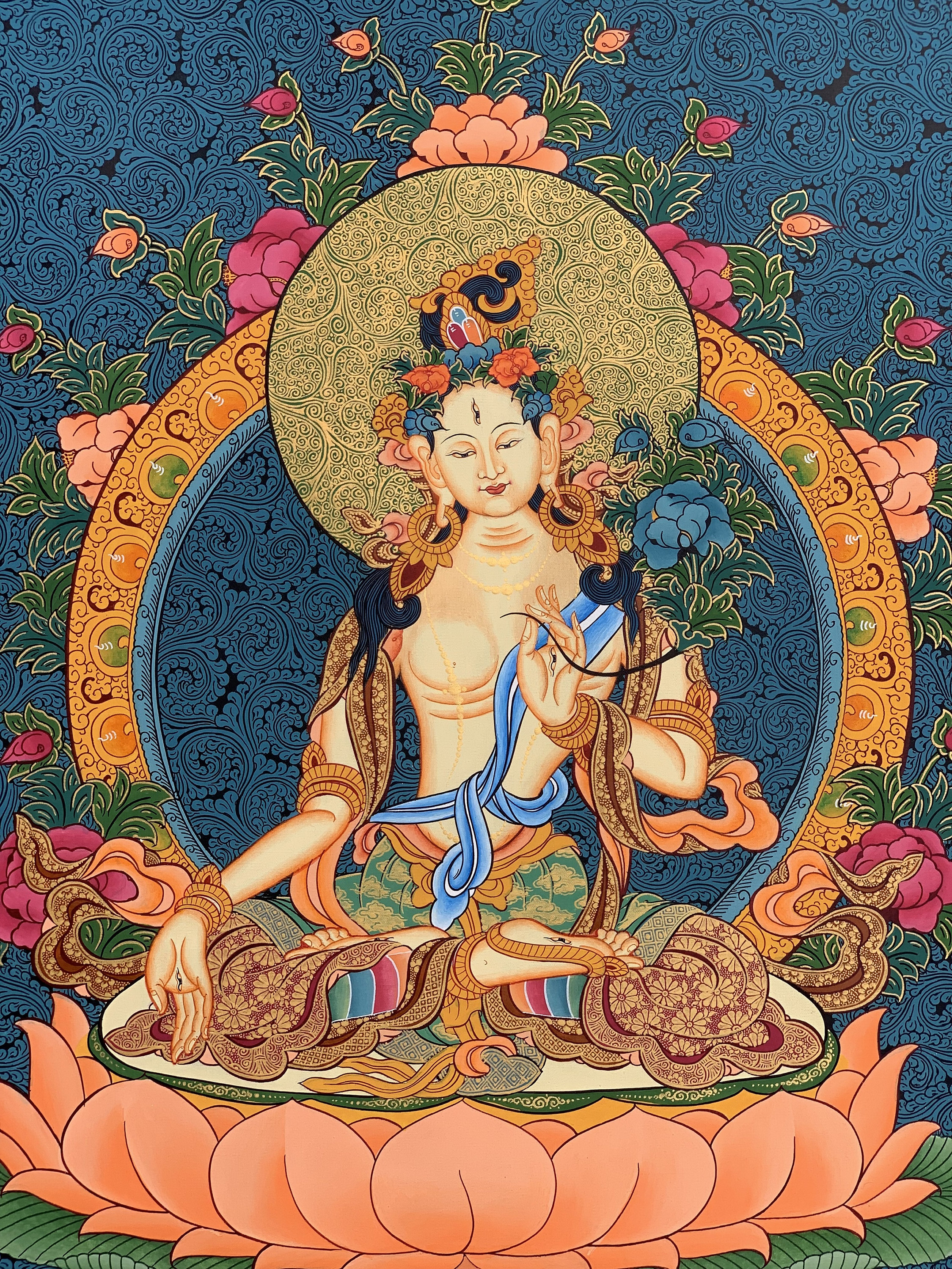Hand-Painted White Tara Tibetan Thangka Art on Canvas 17 x 22 Inches