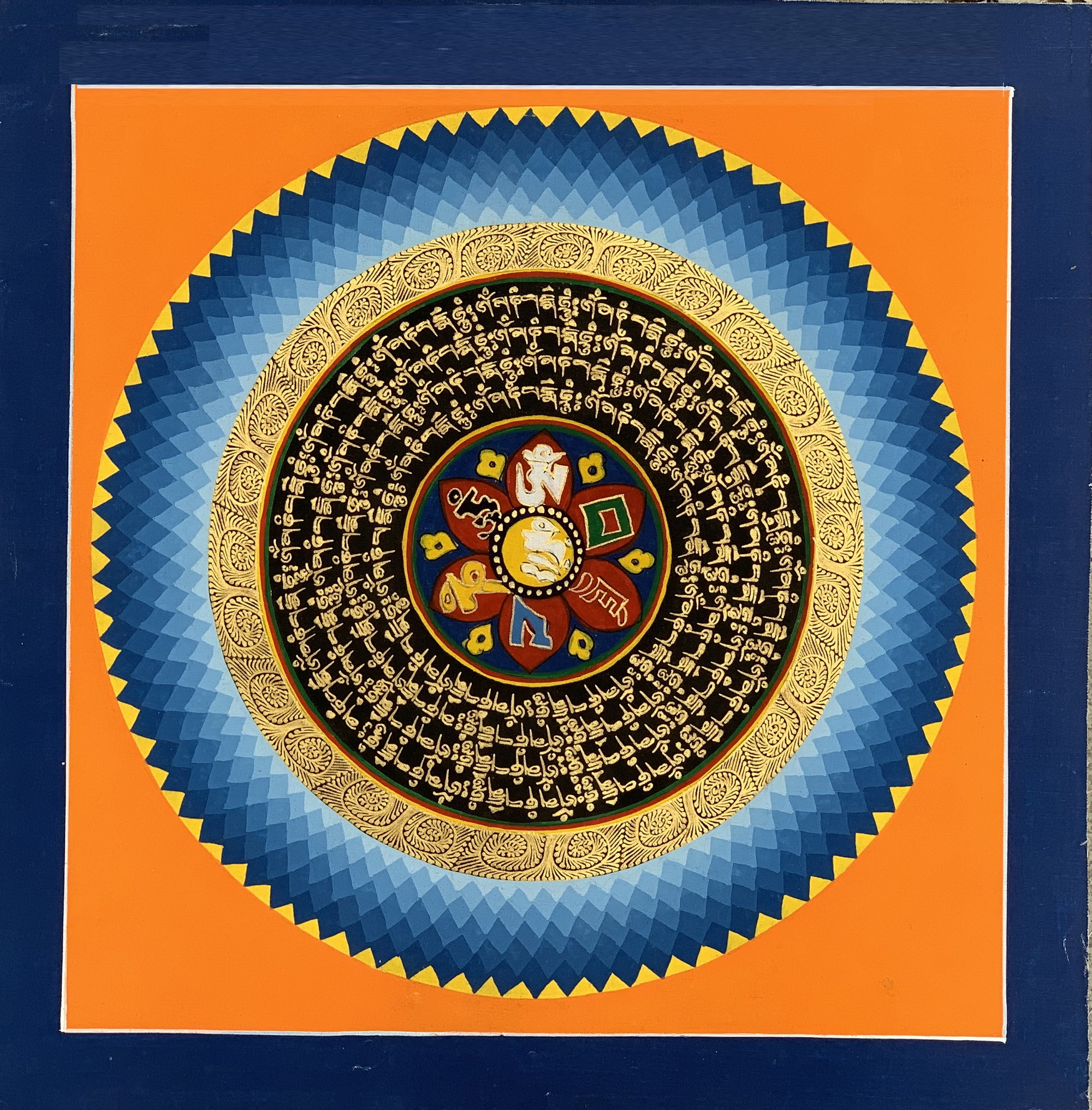 Hand-painted  Mantra Mandala Tibetan Thangka Painting, Art on Canvas, 12 x 12 Inches