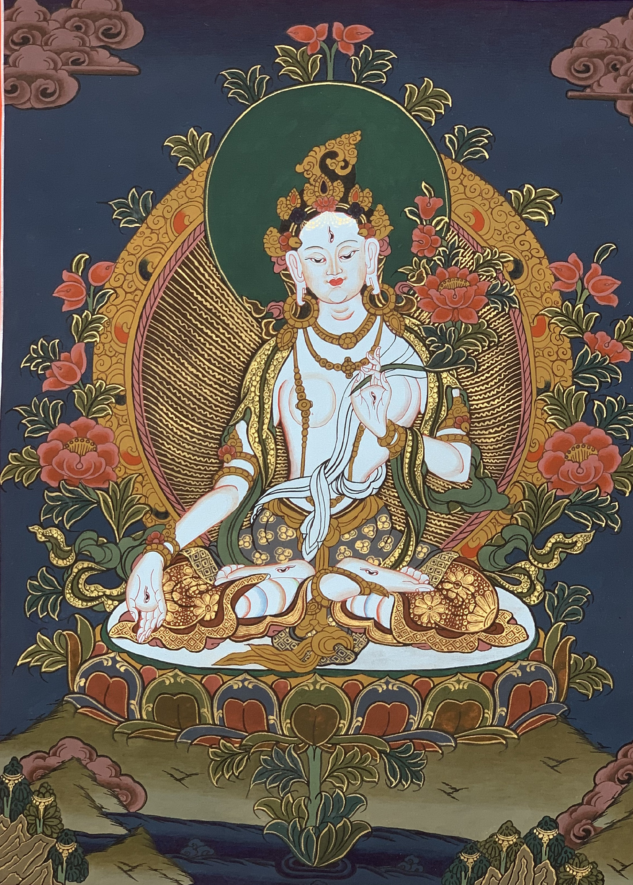 Hand-Painted White Tara Tibetan Thangka, Art on Canvas 13 x 17 Inches