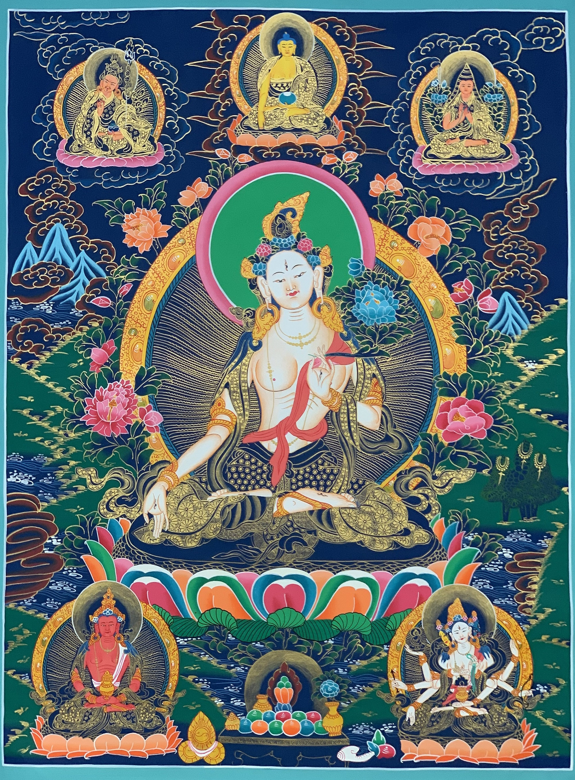 Hand-Painted White Tara Tibetan Thangka Fine Art Painting on Canvas, 23 x 31 Inches