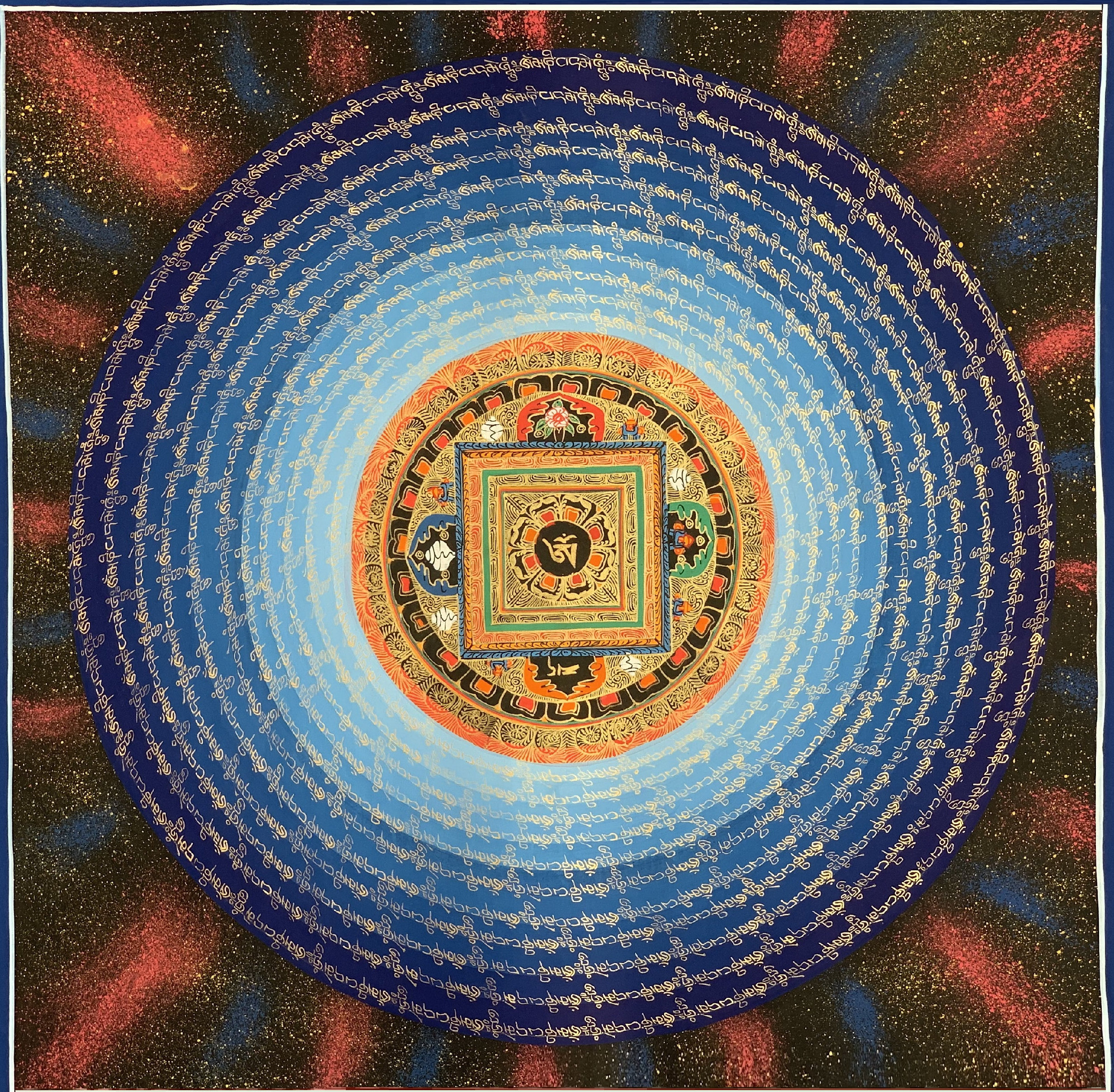 Hand-Painted Mantra Mandala Thangka Painting, Art on Canvas,  20 x 20 Inches