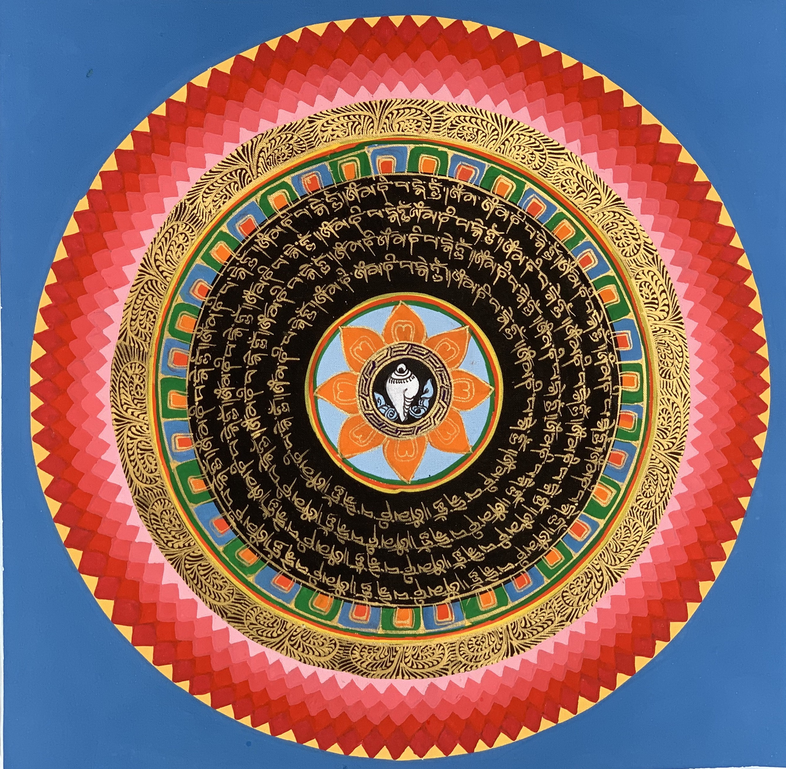 Hand-Painted Mantra Symbol Mandala Tibetan Thangka Painting, Art on Canvas, 12 x 12 Inches