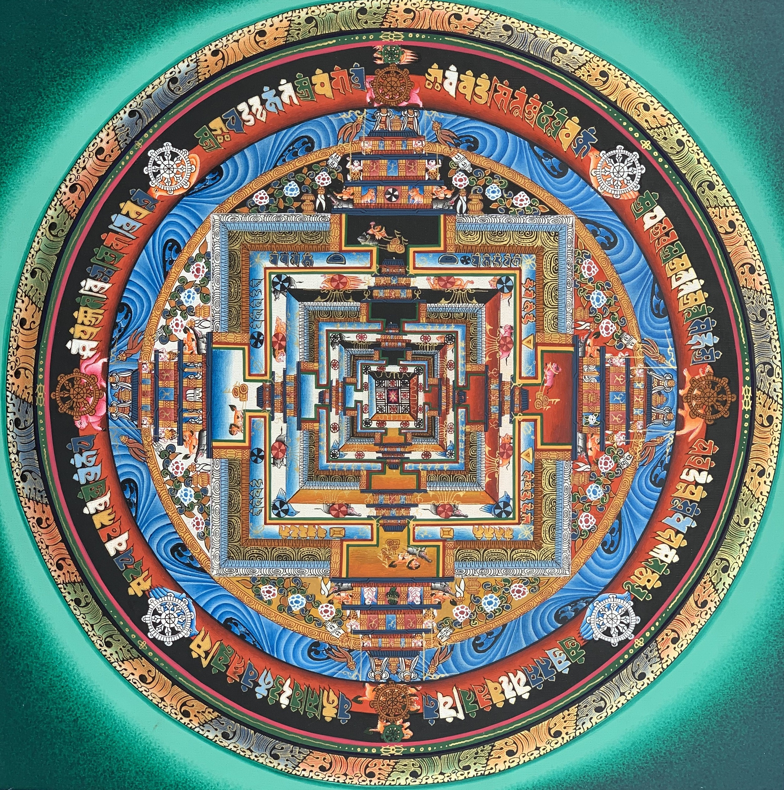 Hand-Painted Kalachakra Mandala Tibetan Thangka Premium Quality Art 14 x 14 Inches