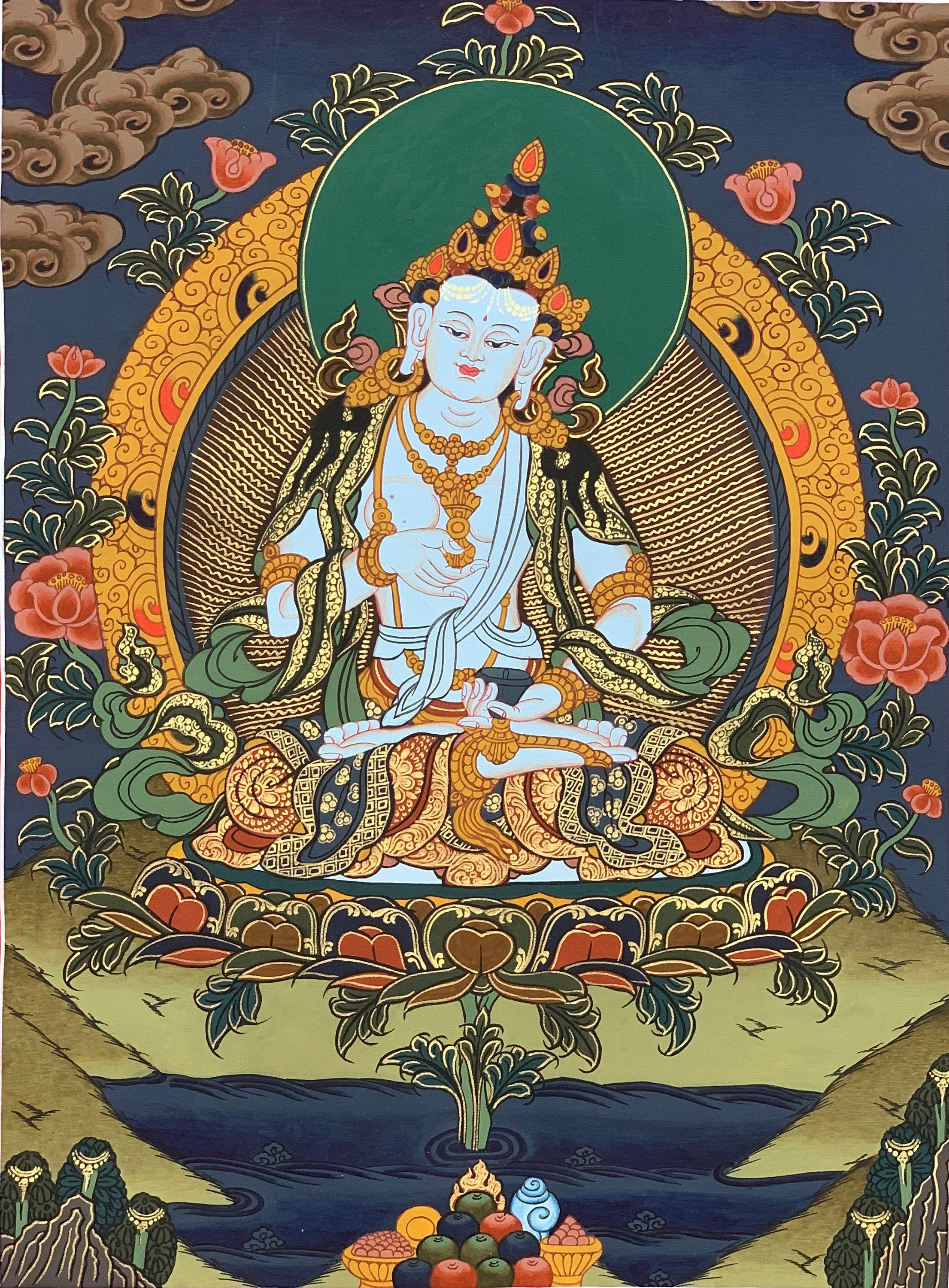 Hand-Painted Vajrasattva Tibetan Thangka Art, Painting on Canvas, 13 x 17 Inches