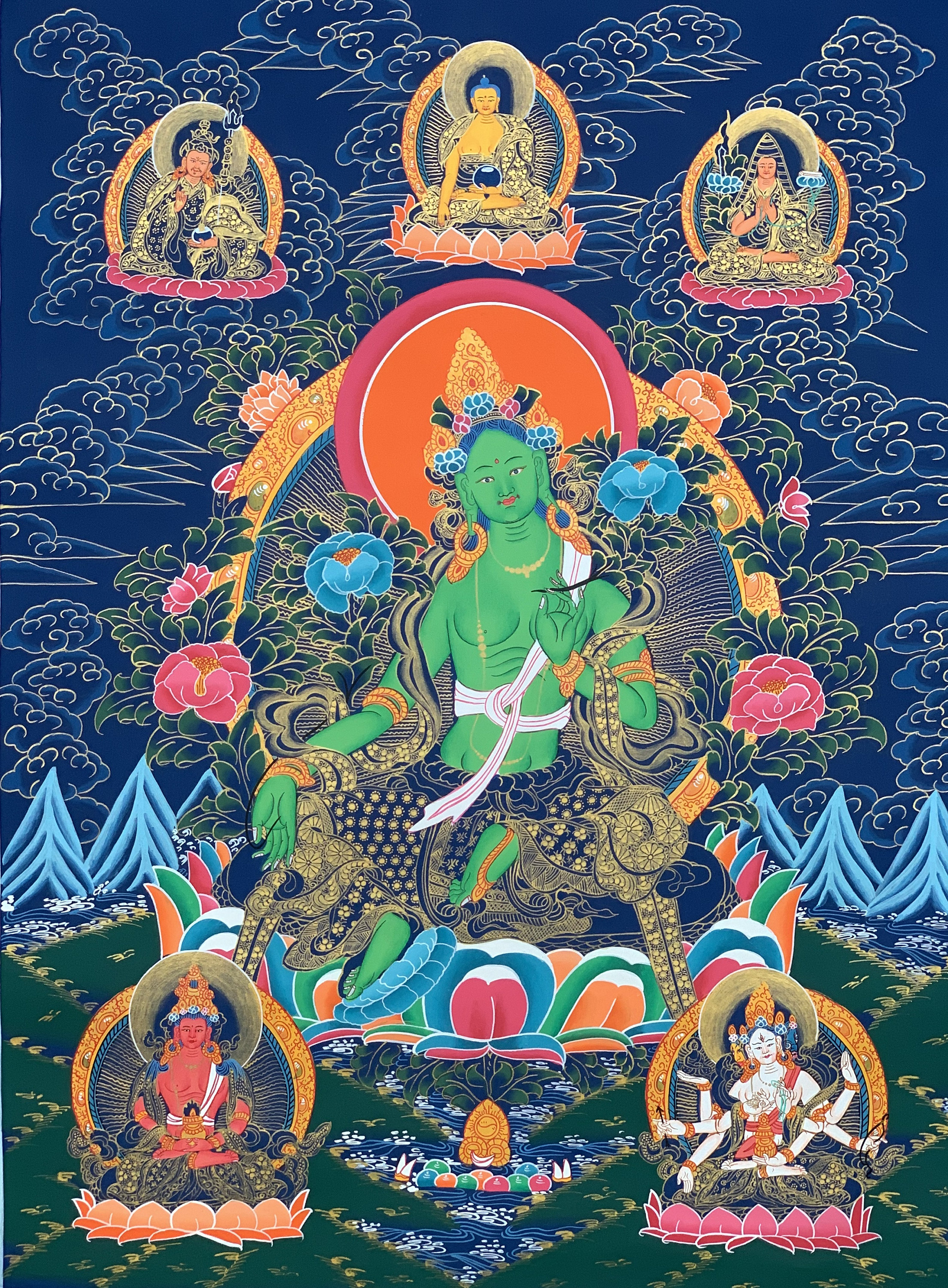 Hand-Painted Green Tara Tibetan Thangka Art on Canvas 22 x 30 Inches
