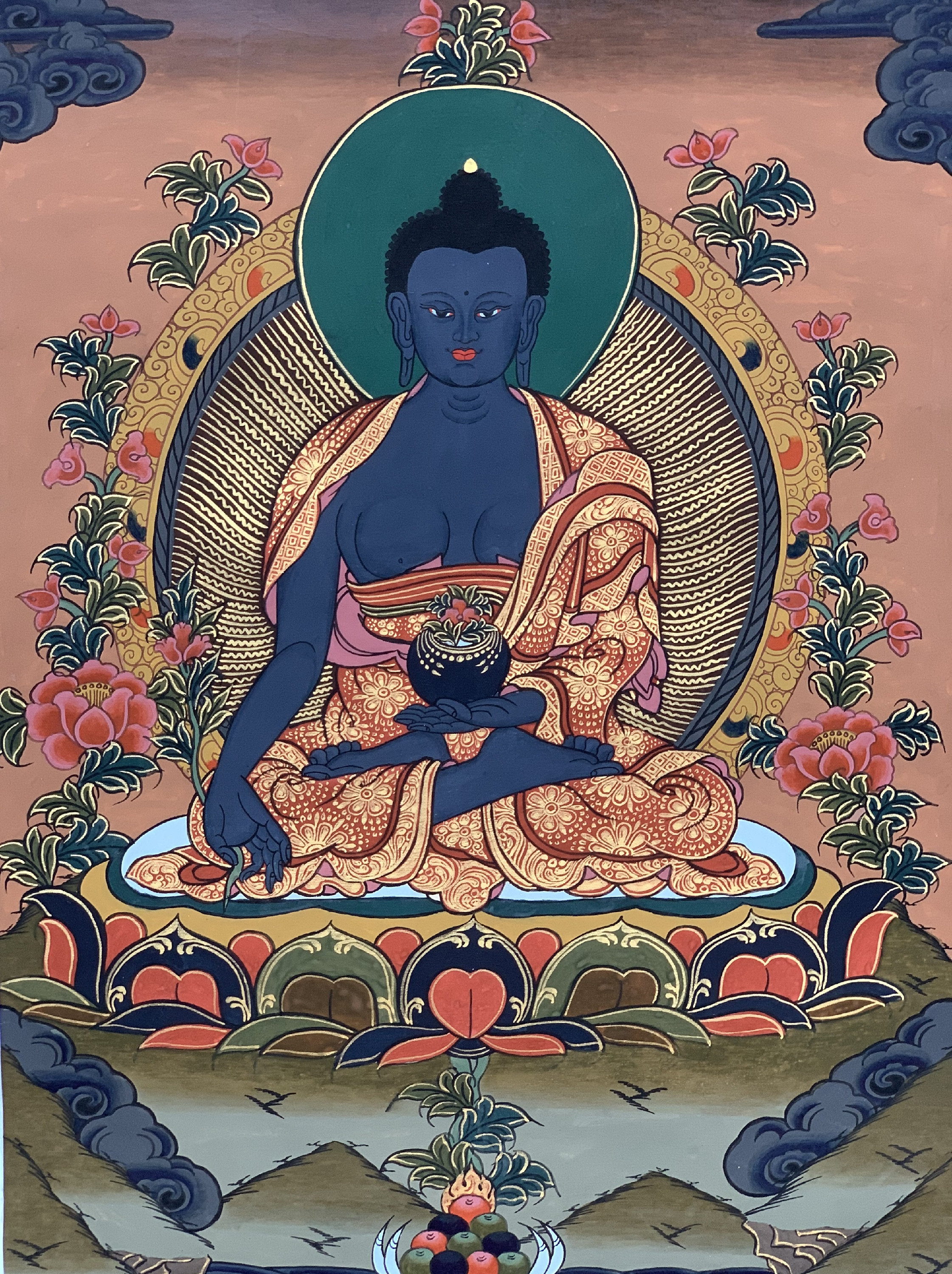Hand-Painted Medicine Buddha Tibetan Thangka Art Painting 13 x 17 Inches