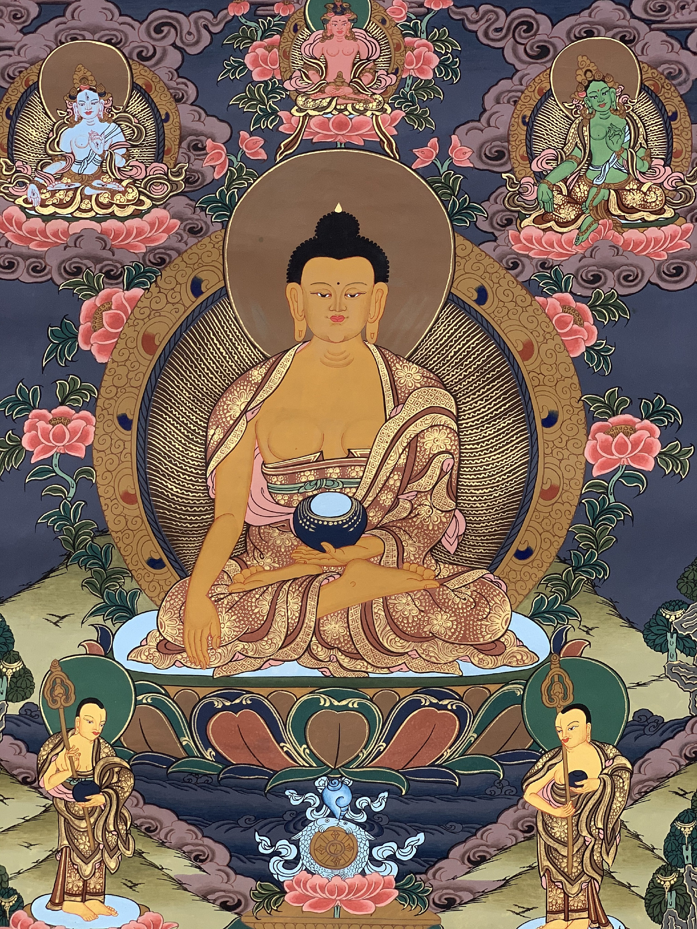 Hand-Painted Shakyamuni Buddha Tibetan Thangka Art, Painting on Canvas, 17 x 22 Inches