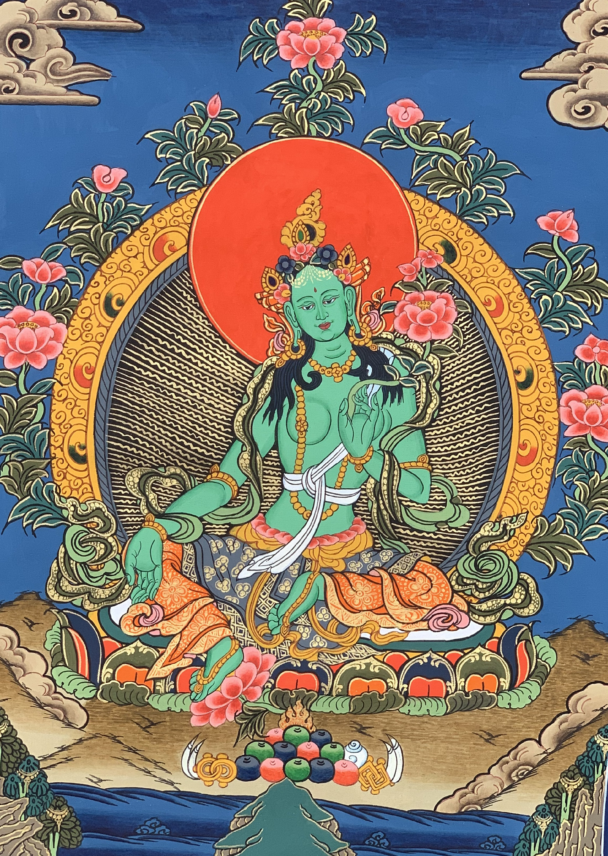 Hand-Painted Green Tara Tibetan Thangka Art on Canvas, 13 x 17 Inches