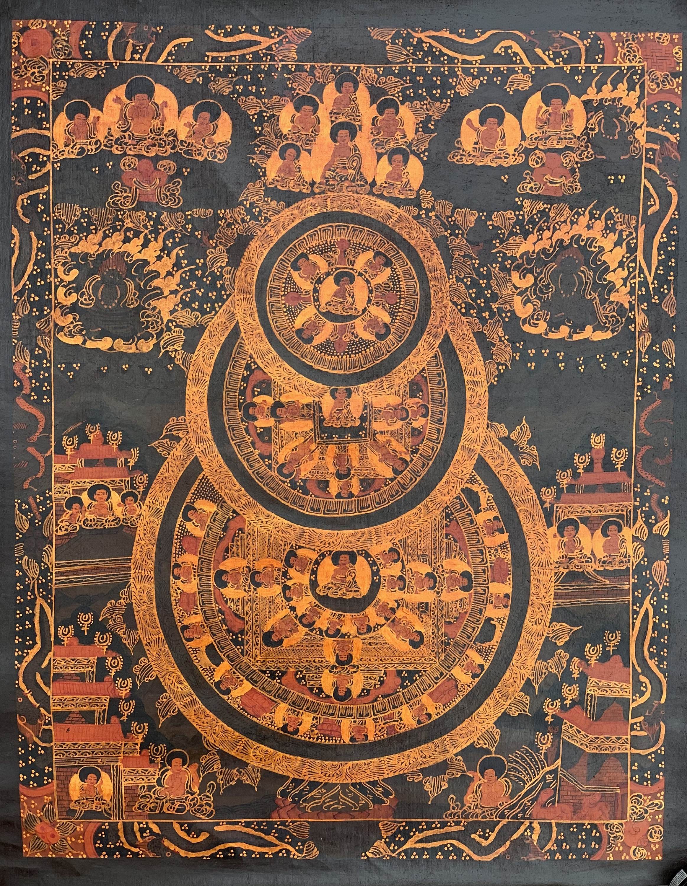 Hand-Painted Buddha Life Mandala Tibetan Thangka Art on Canvas, 17 x 21 Inches
