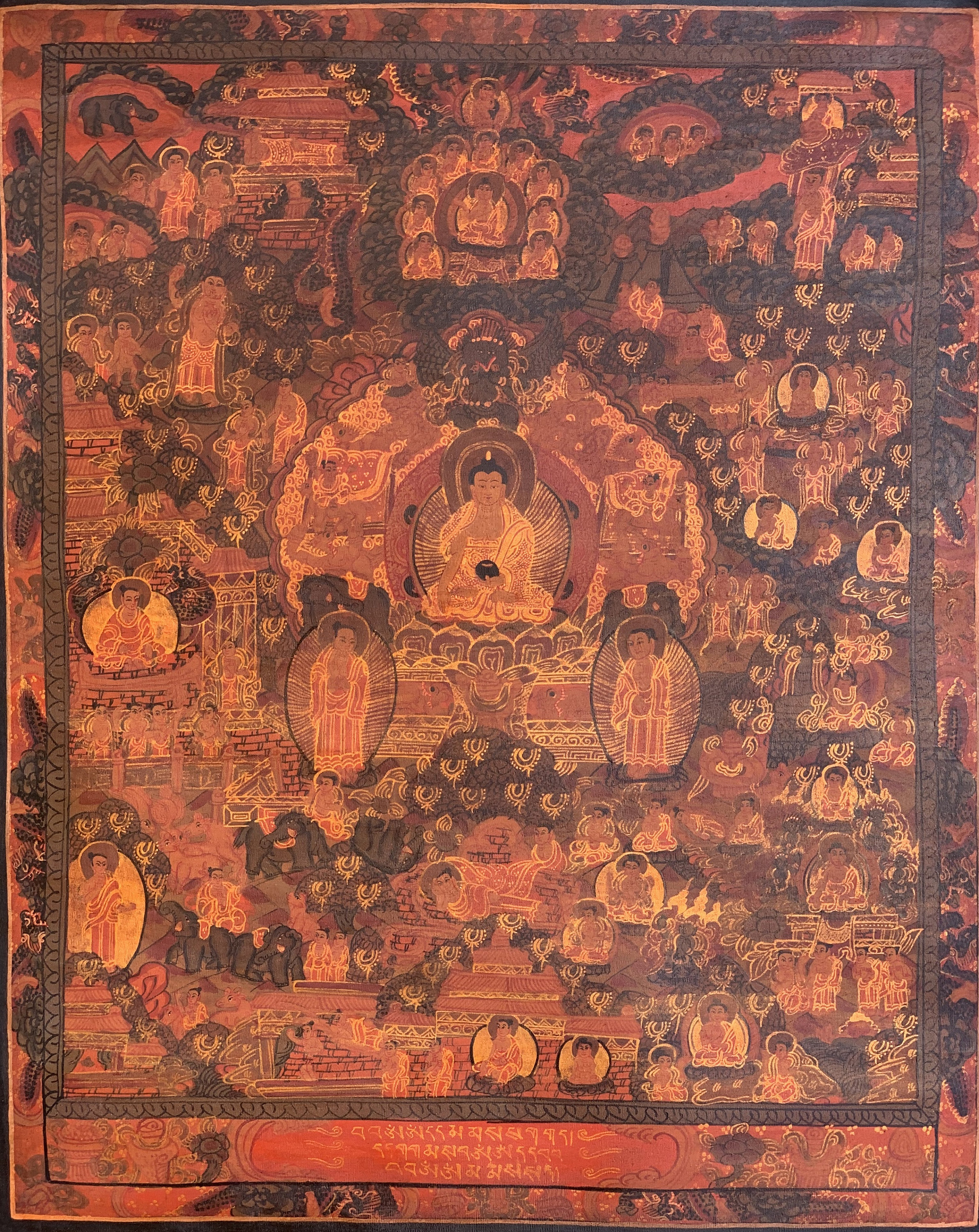 Hand-Painted Buddha Life Mandala Tibetan Thangka Art on Canvas 17 x 22 Inches