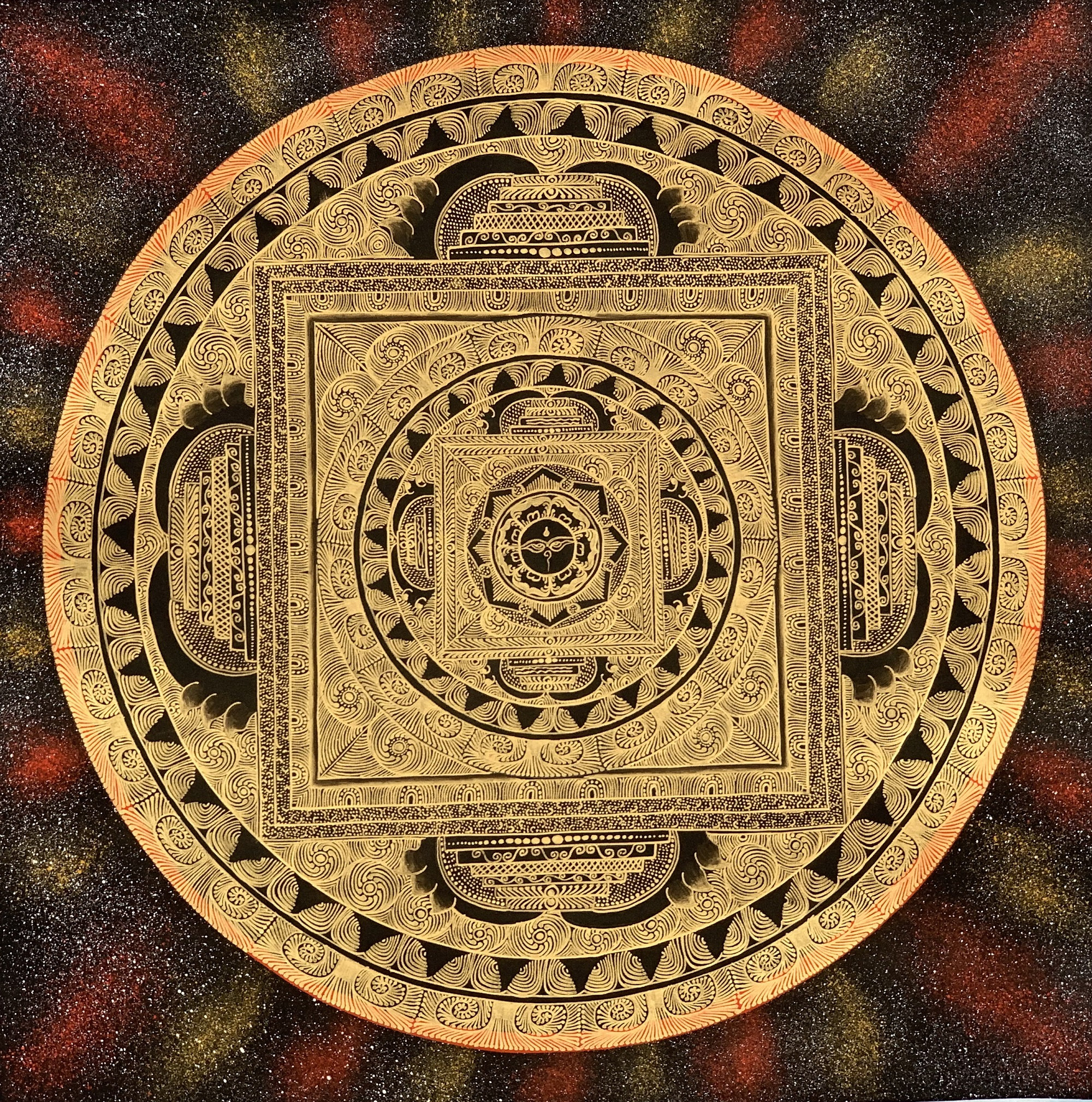 Hand-Painted Buddhist Om Mantra Mandala Thangka, Painting Art on Canvas 20 x  20 Inches