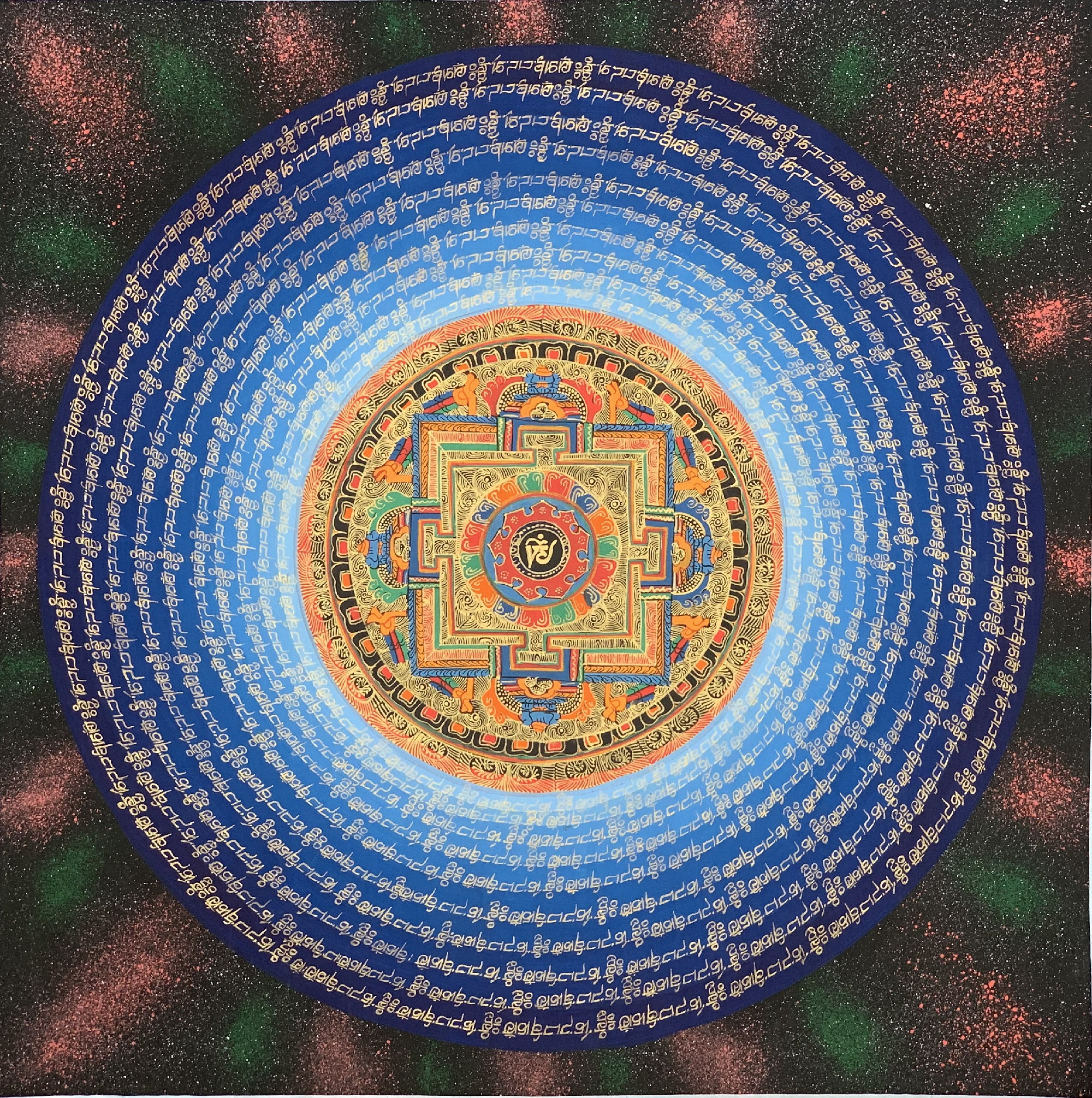 Hand-Painted Buddhist Om Mantra Mandala Thangka Painting, Art on Canvas 21 x  21Inches