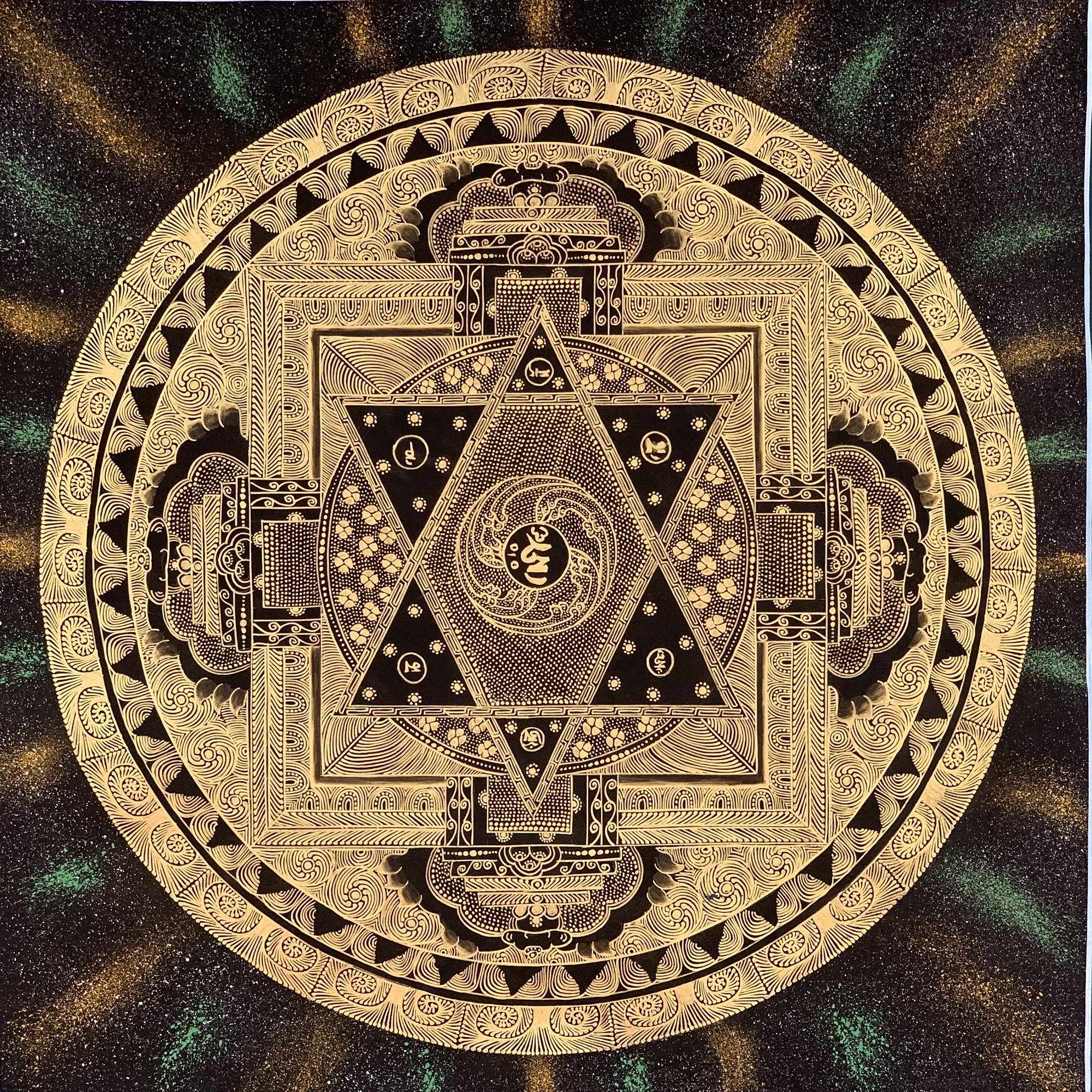 Hand-Painted Buddhist Om Mantra Mandala Thangka Painting, Art on Canvas, 21 x 21 Inches