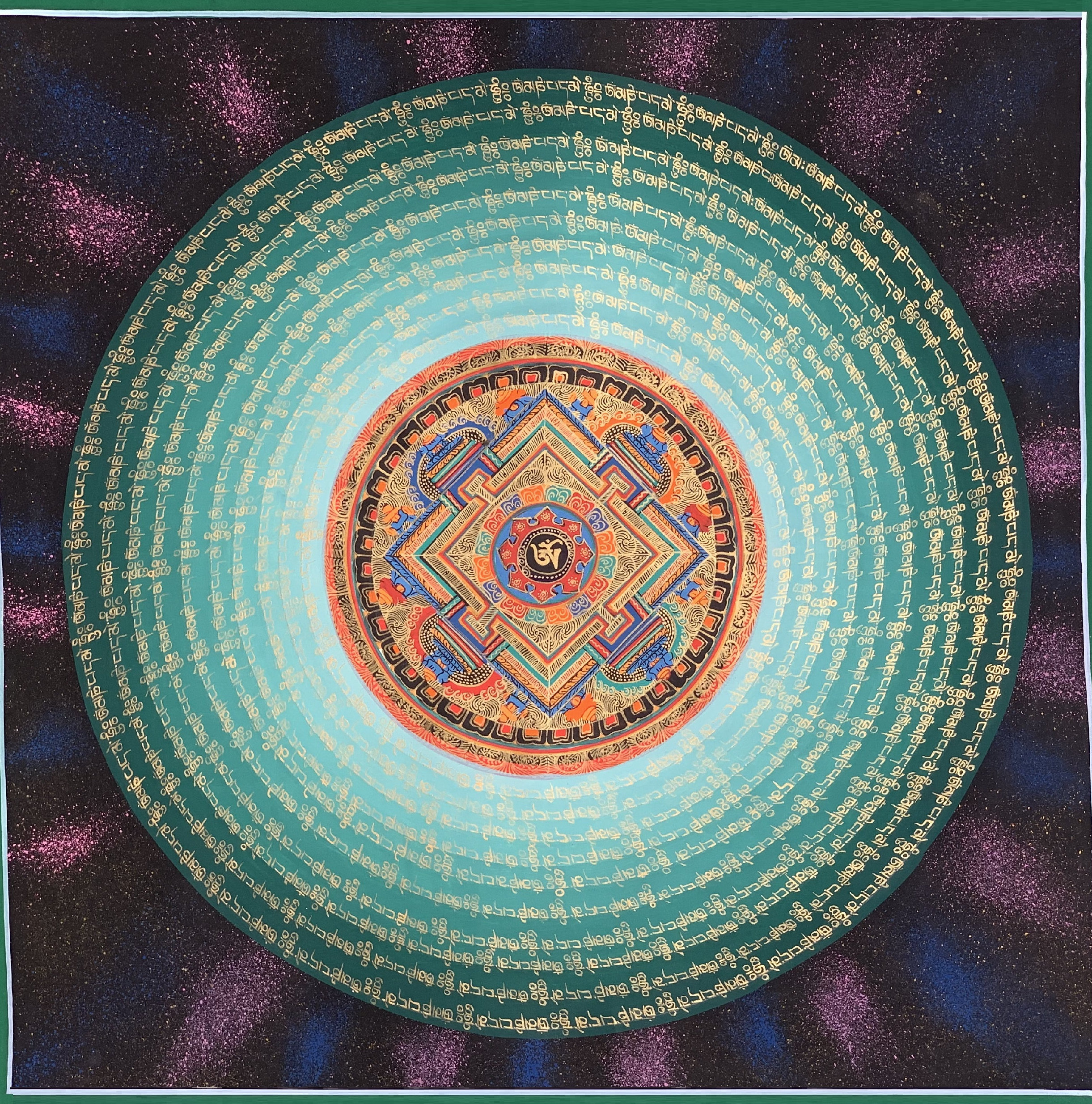 Hand-Painted Mantra Om Mandala Thangka Painting, Art on Canvas,  20 x 20 Inches