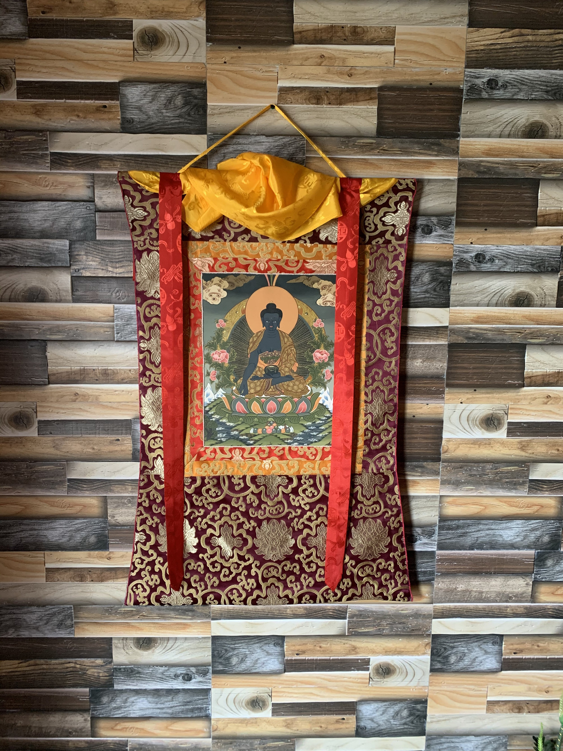 Hand-Painted Medicine Buddha Thangka Art Painting on Canvas 22 x 30 Inches in Silk Brocade