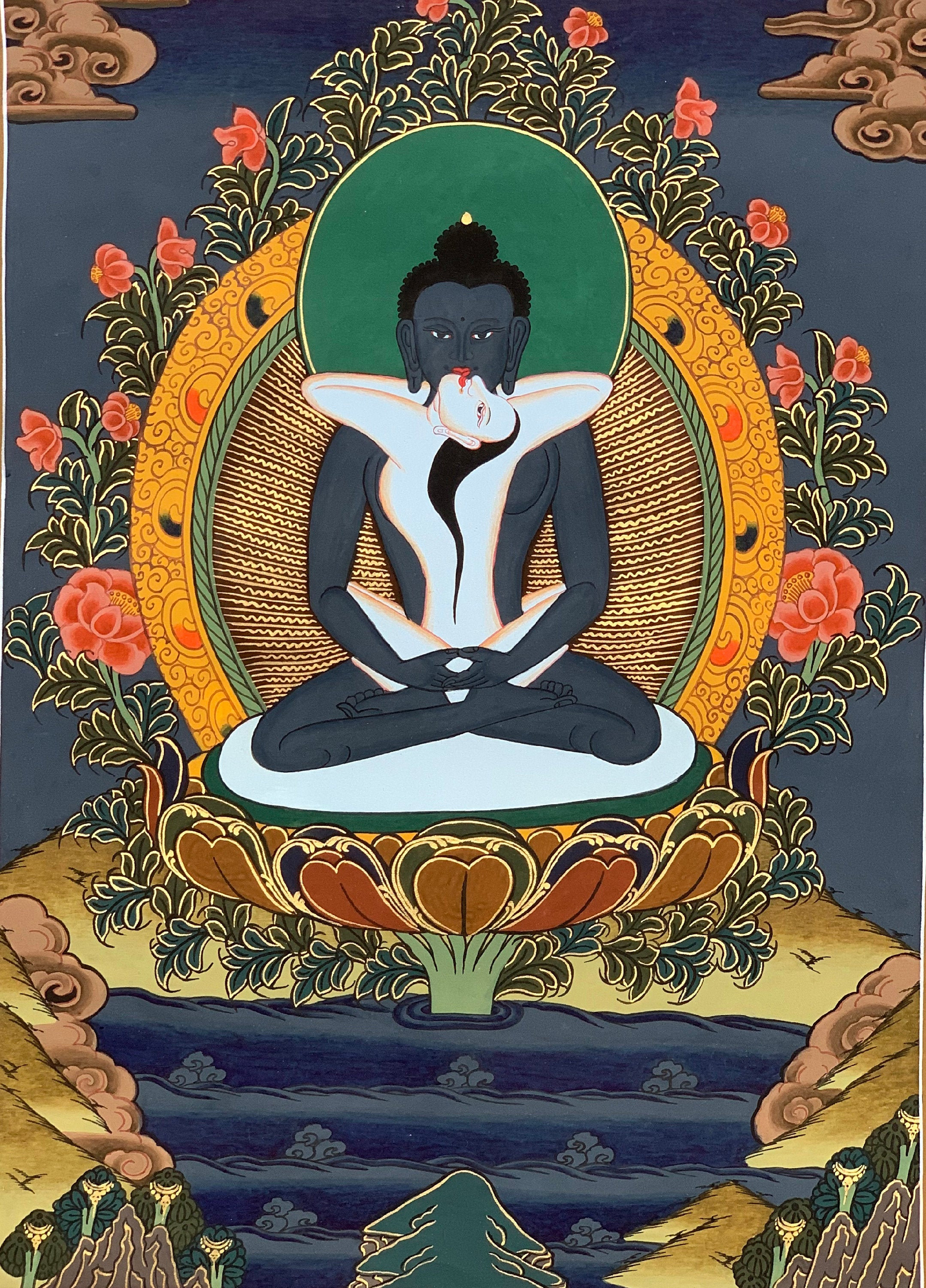 Hand-Painted Tantra Buddha Samantabhadra Tibetan Thangka Art on Canvas 13 x 17 Inches