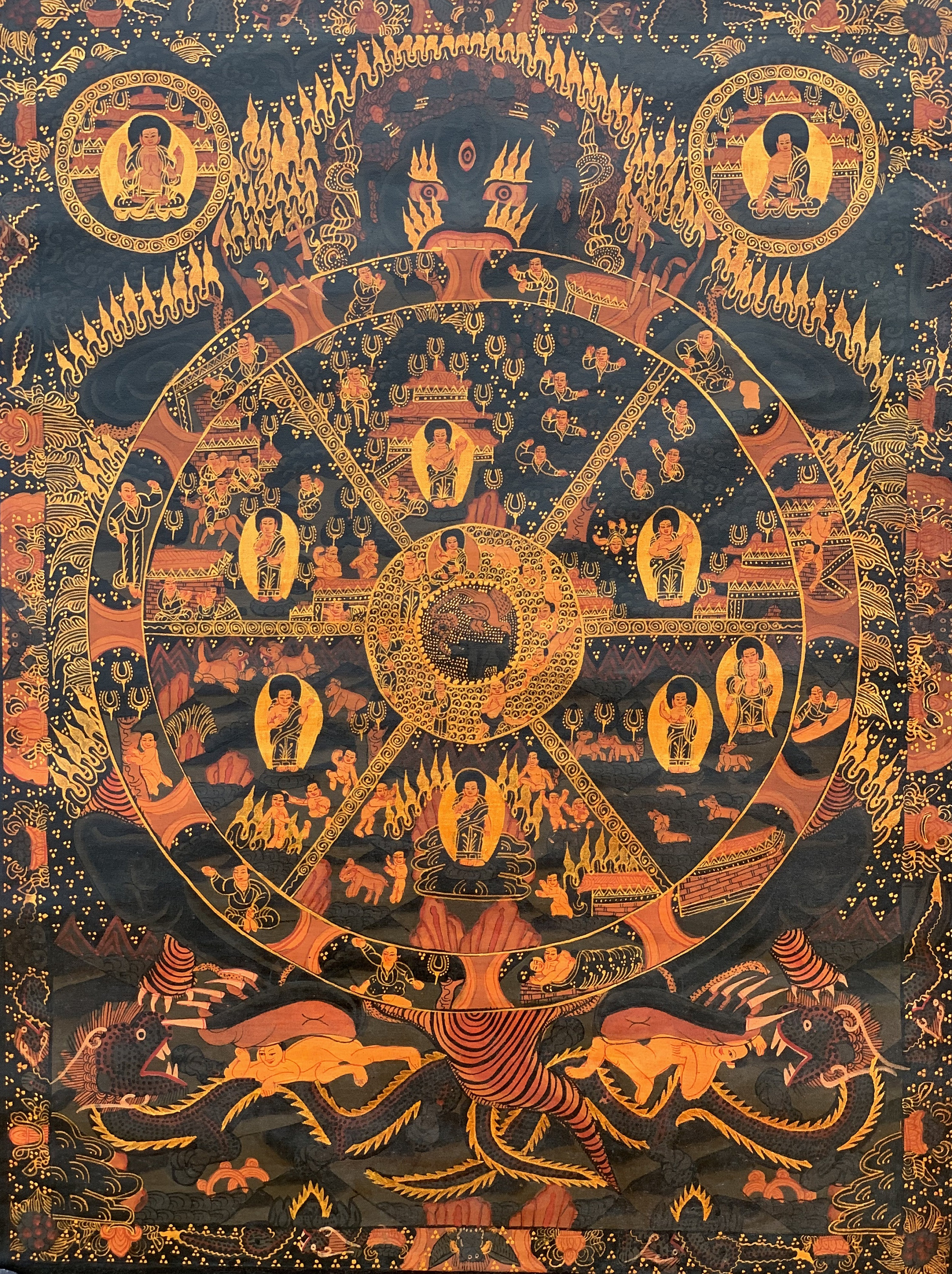Hand-Painted Buddha Life Mandala Tibetan Thangka Painting Antique Finish 17 x 22 Inches