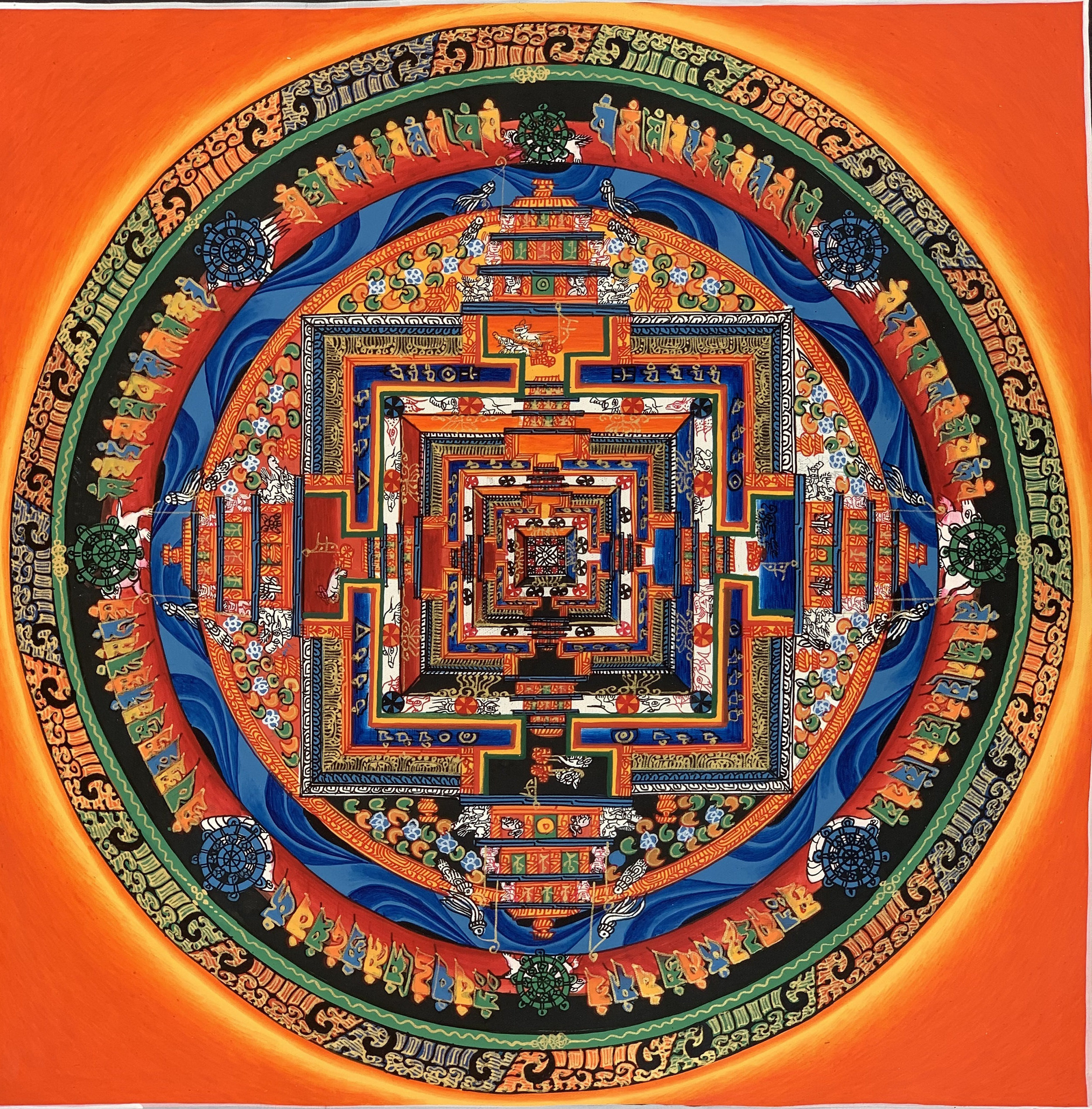 Hand-Painted Kalachakra Mandala Tibetan Thangka Art, Painting on Canvas 14 x 14 Inches