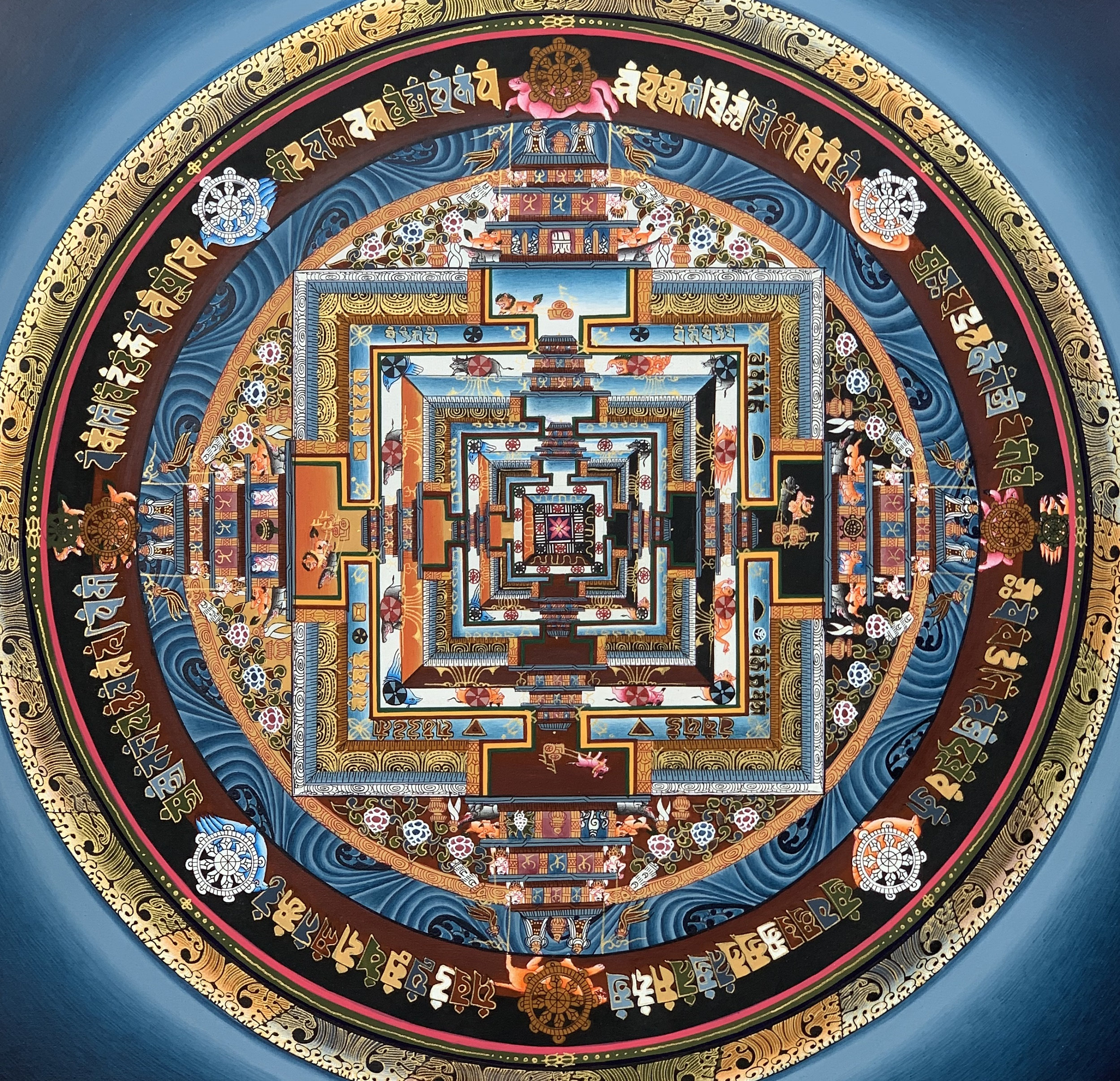 Hand-Painted Kalachakra Mandala Tibetan Thangka Premium Quality Art 14 x 14 Inches