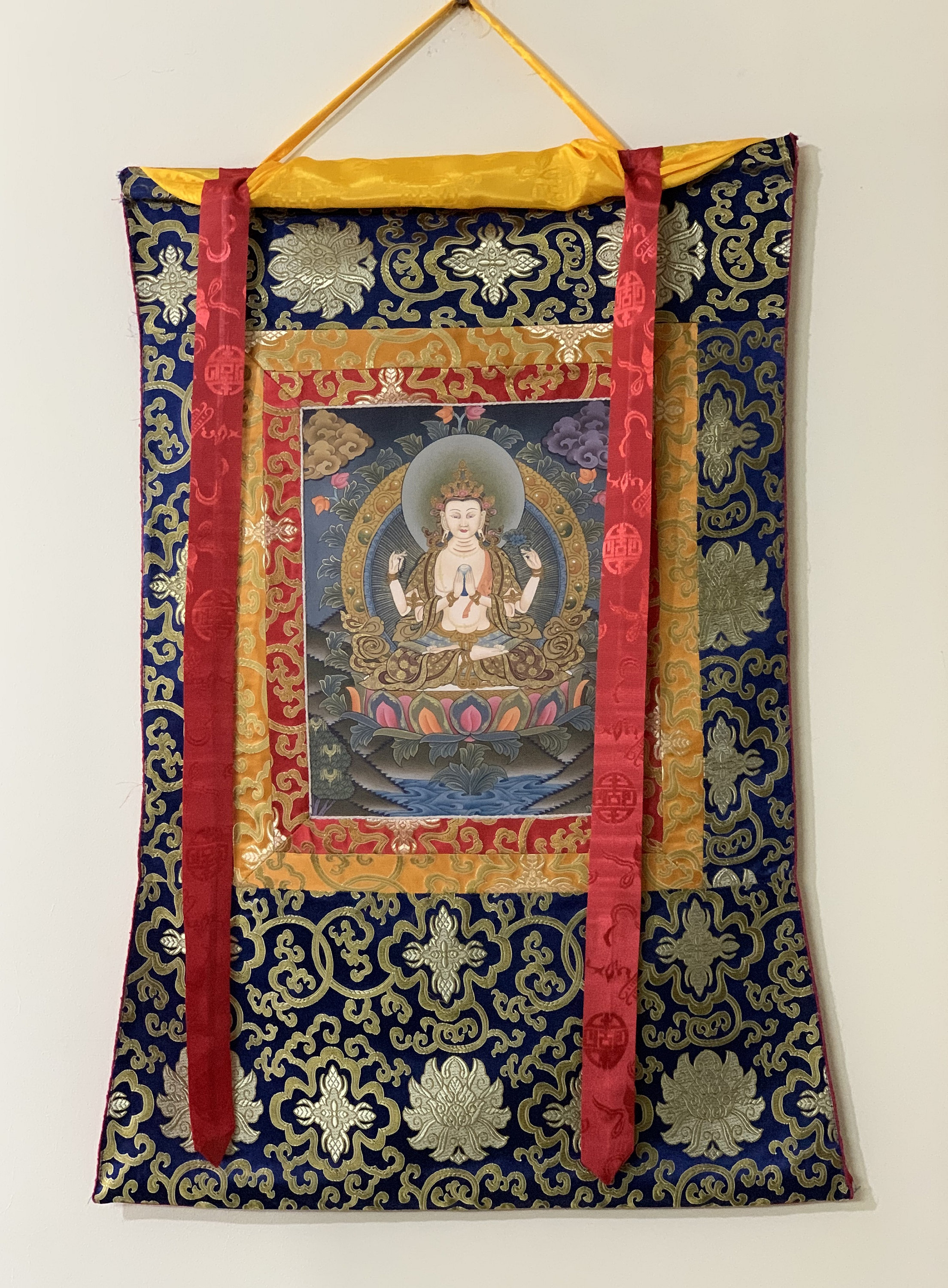 Hand-Painted Lokeshwor Premium Gold Thangka Art on Canvas with Silk Brocade