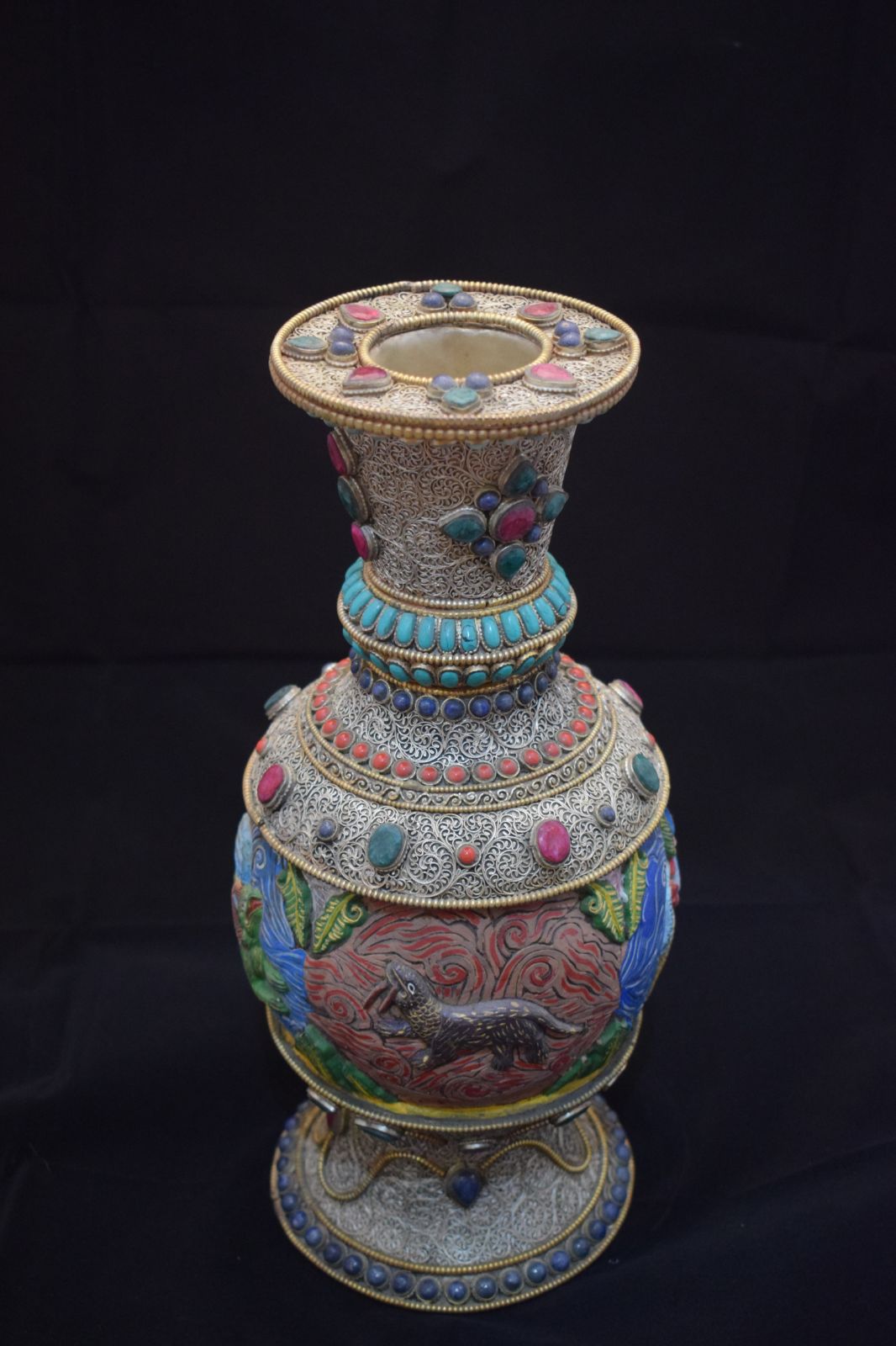Handmade Gold & Silver Plated Filigree Stone Crafted Amber Flower Pot Vase