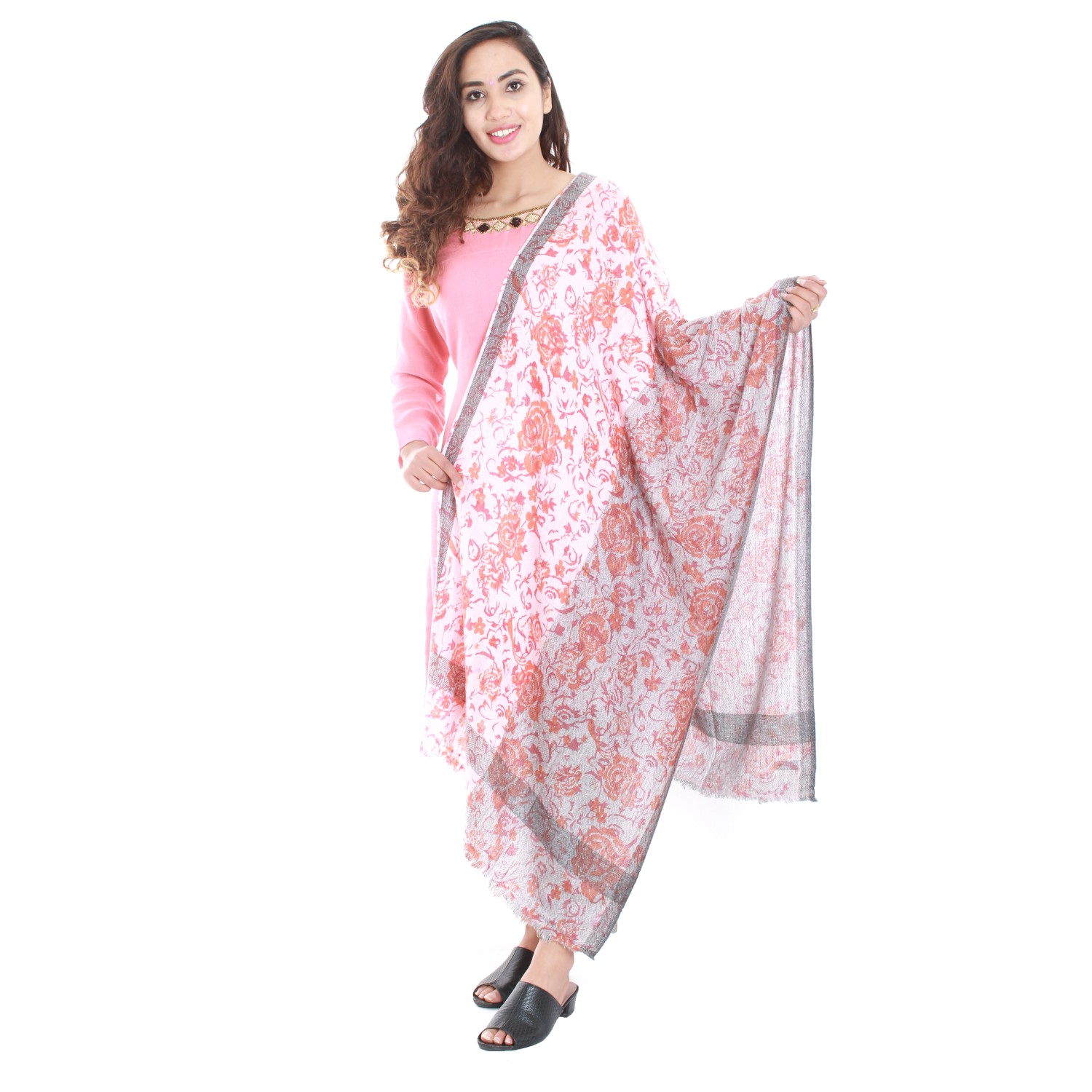 Rose Printed Two Toned Cashmere Shawl For Women