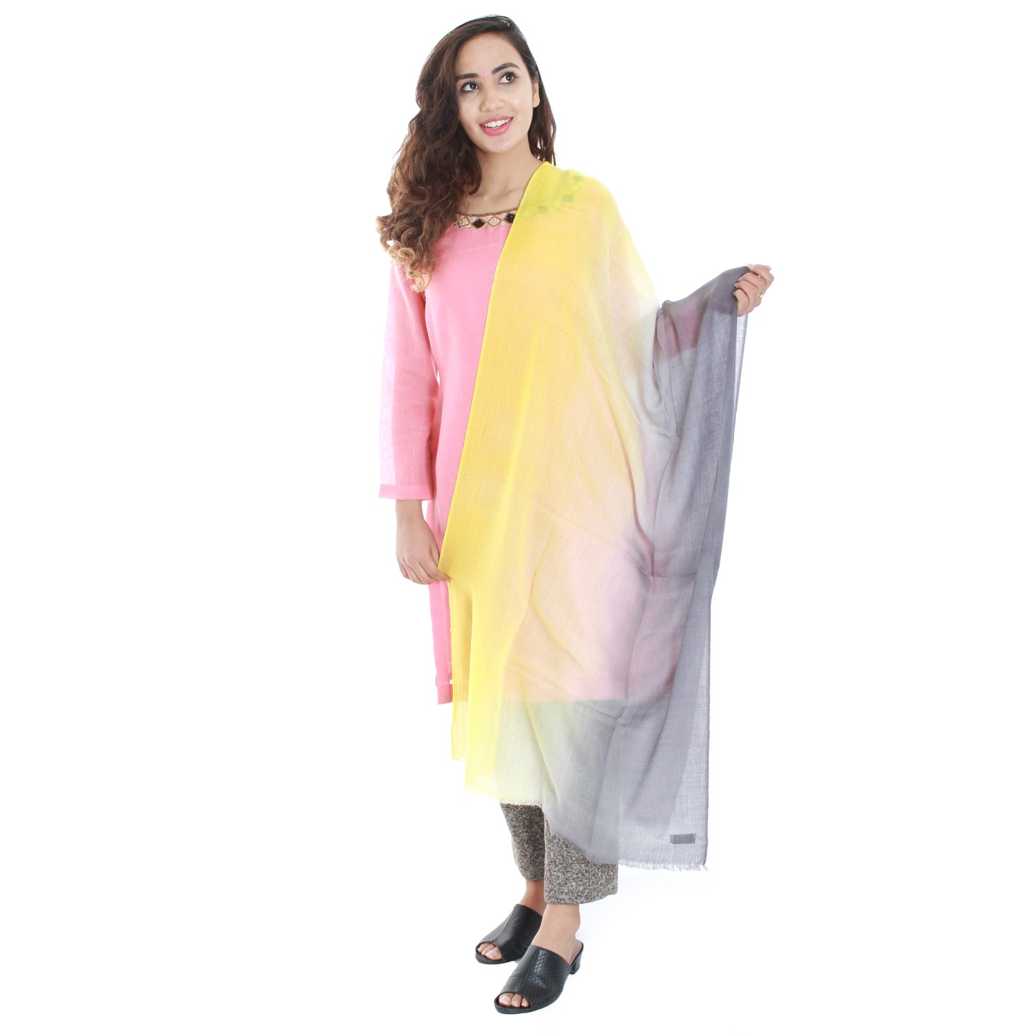 Yellow/Light Ash Gray Double Toned Pashmina Shawl for Women