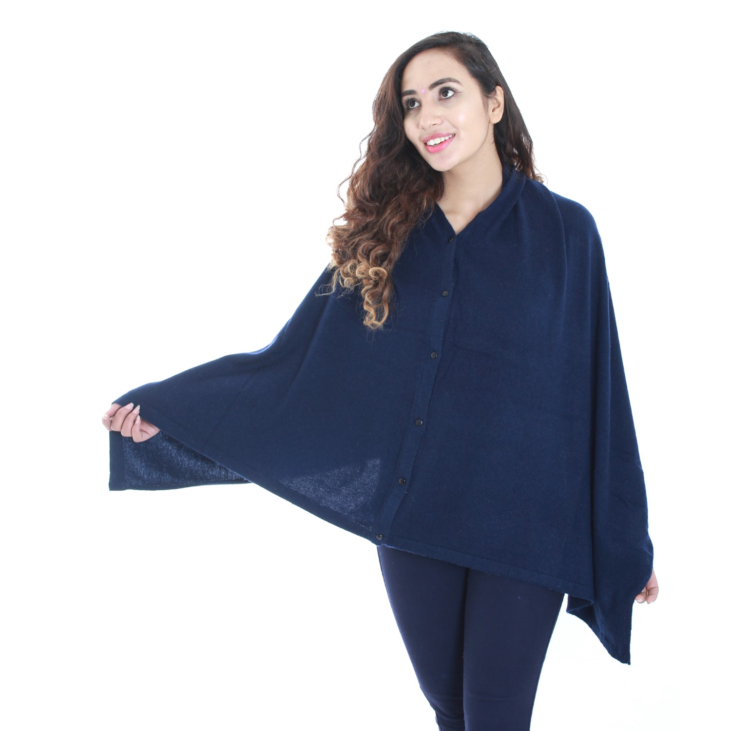 New 3 Style Solid Button Pashmina Poncho-navy