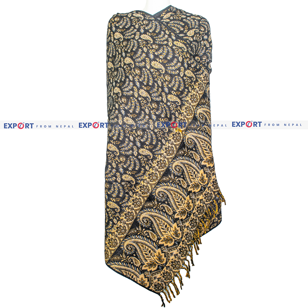 Black Floral Design Woolen Shawl or Stole
