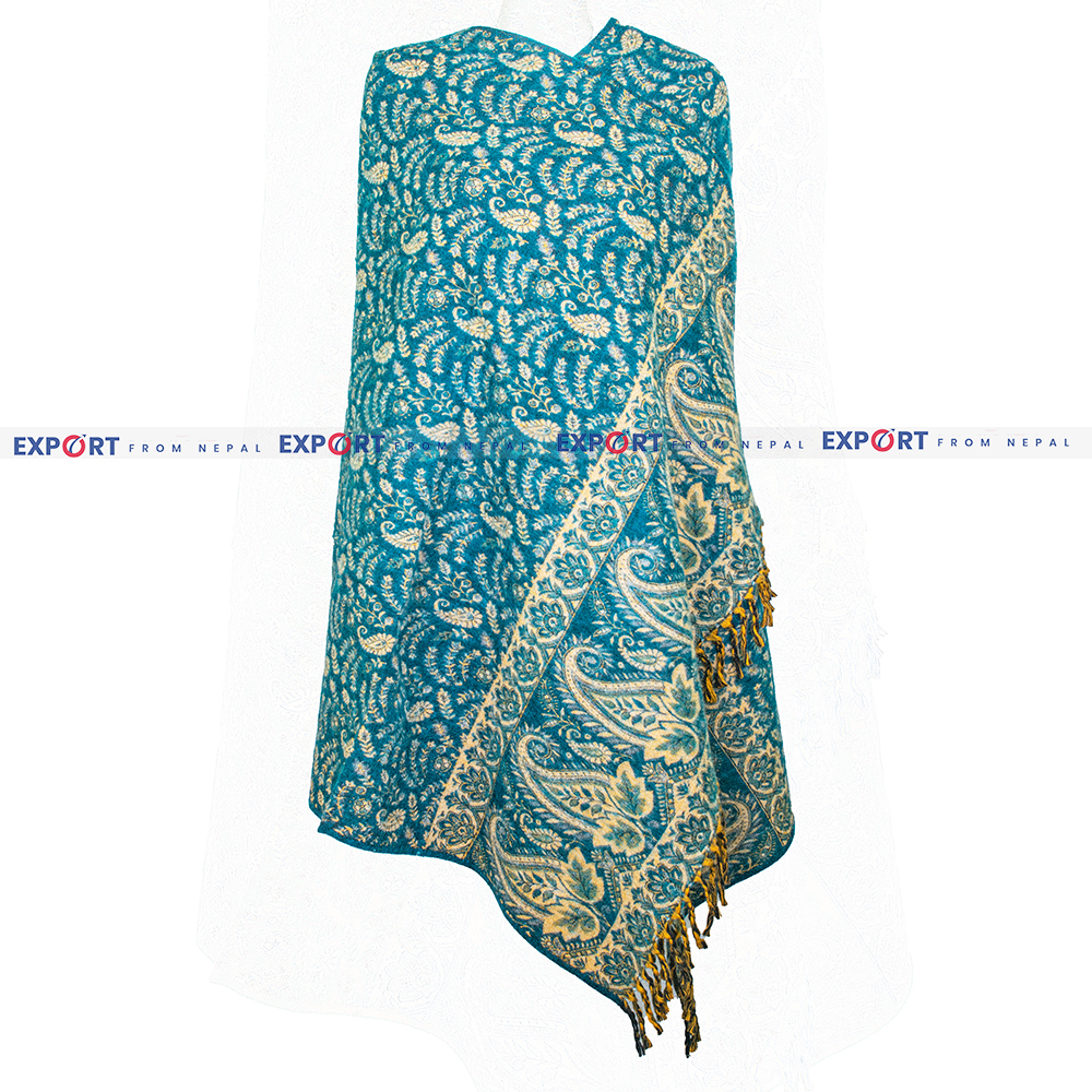 Light Blue Floral Design Woolen Shawl or Stole