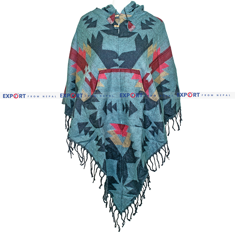 Turkish Blue Patterned Design Woolen Puncho