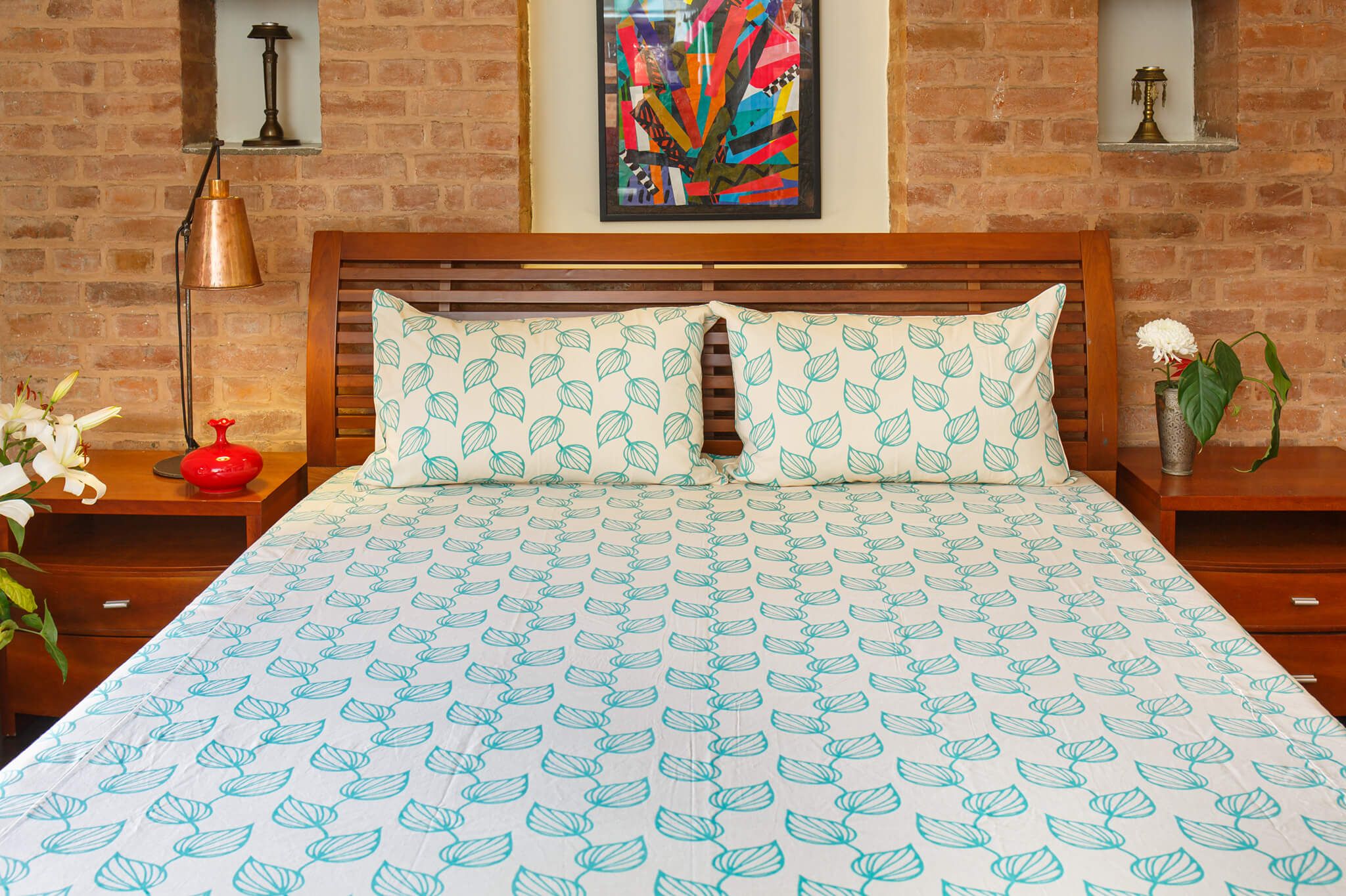 Handmade Teal Leaf Printed Cotton Bedsheet