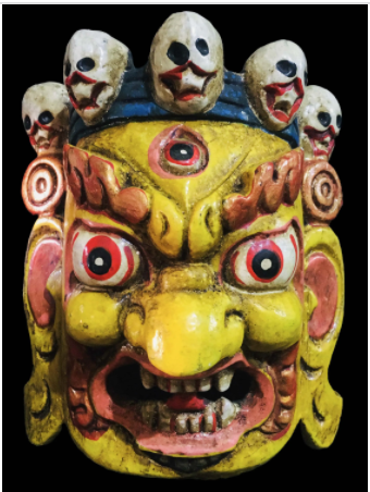 Handmade Wooden Mini Mask Of Mahakala, Painted Yellow
