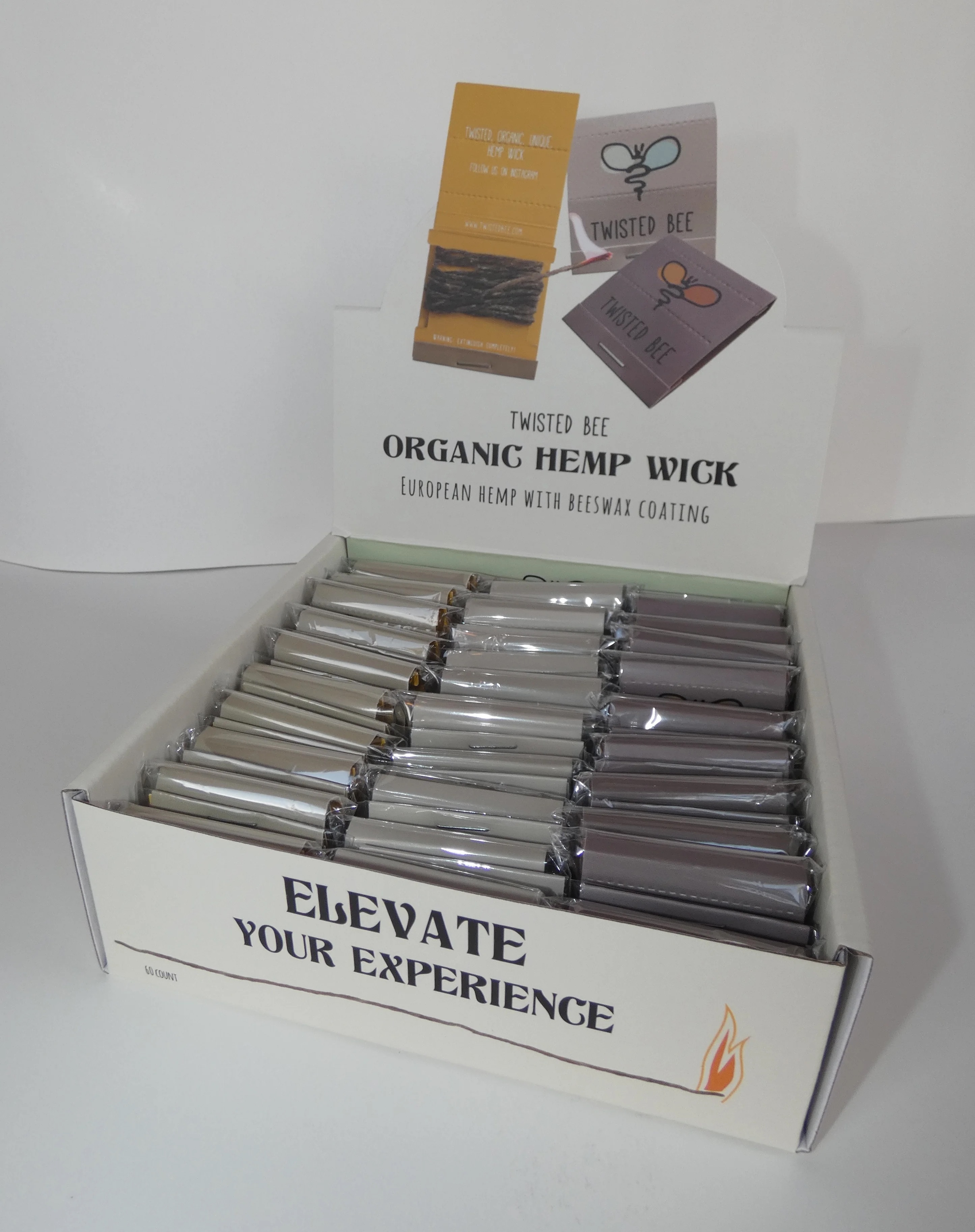 100% Organic Hemp Wick with Natural Beeswax Coating, Twisted Bee (5ft x Standard) [With Display Case, Box of 60] 