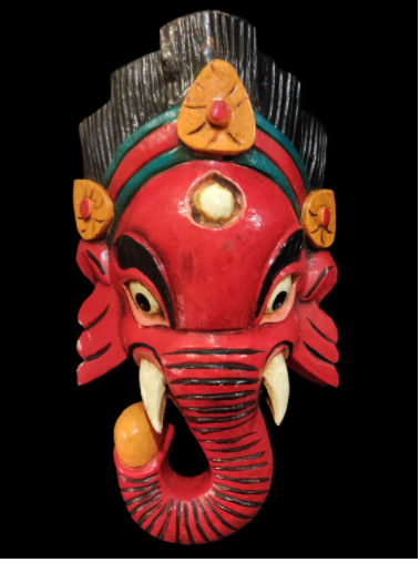 Handmade Wooden Mask Of Ganesh, Painted Red