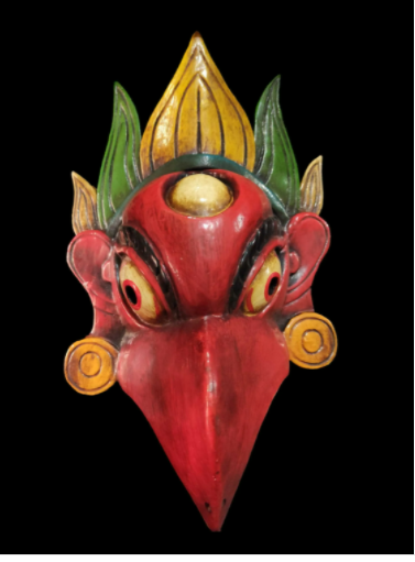 Handmade Wooden Mask Of Garudha, Painted Red