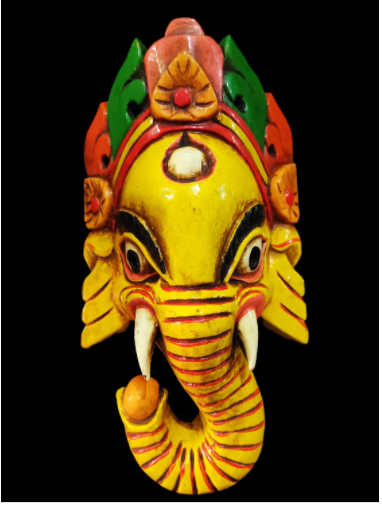 Handmade Wooden Mask Of Ganesh, Painted Yellow